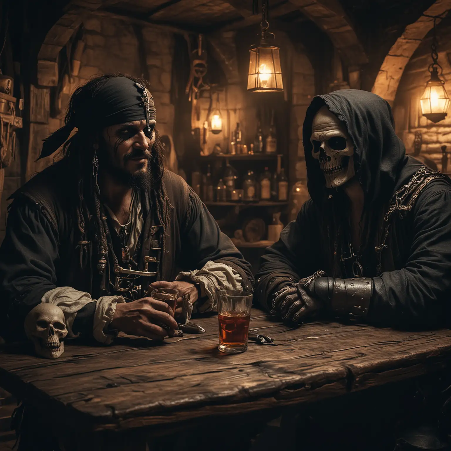 Medieval Tavern Scene with Pirate and Grim Reaper Drinking Rum