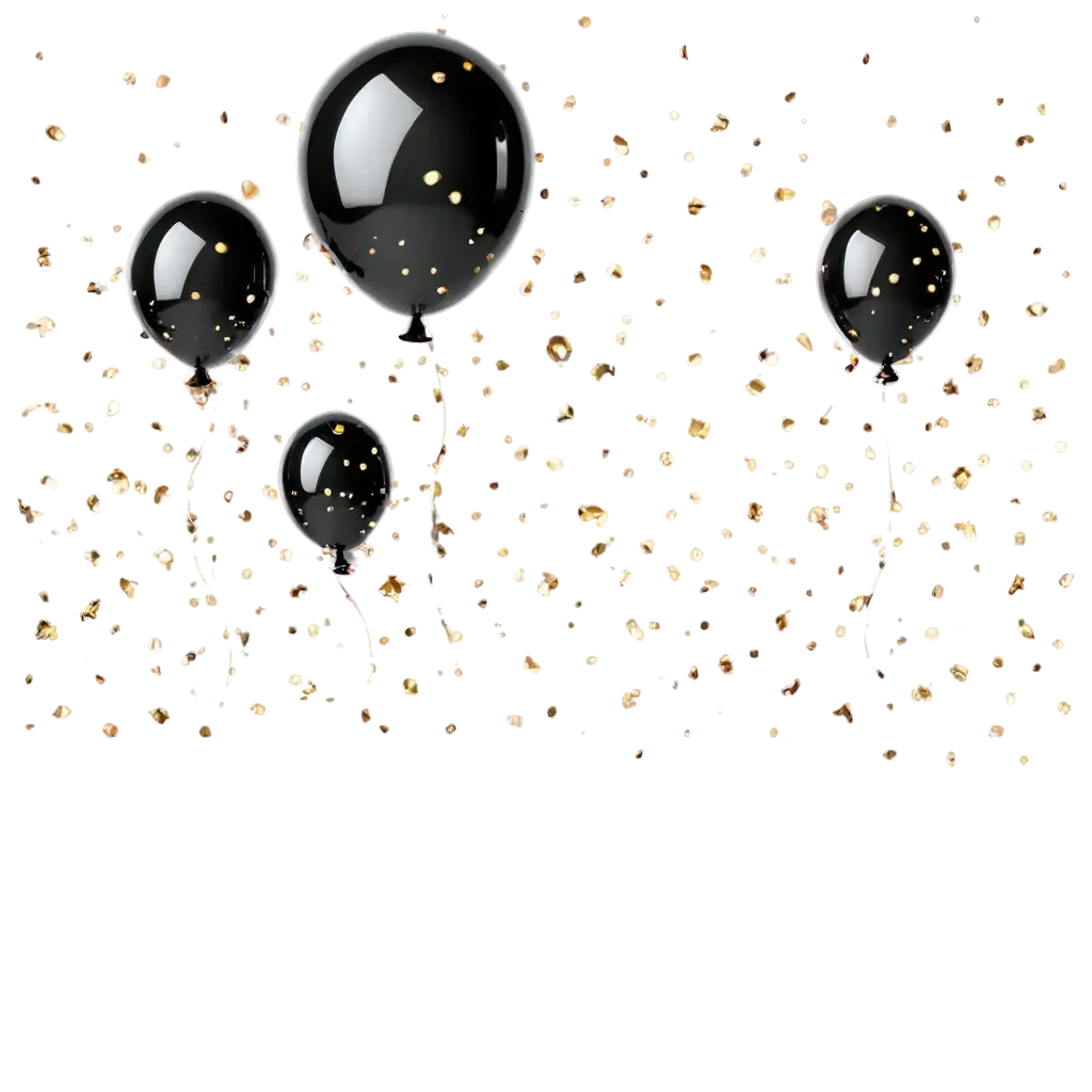 Gold chrome and black balloon with confetti, a bunch of balloons on transparent background. Balloons for wedding, holiday. Valentine's day gift
