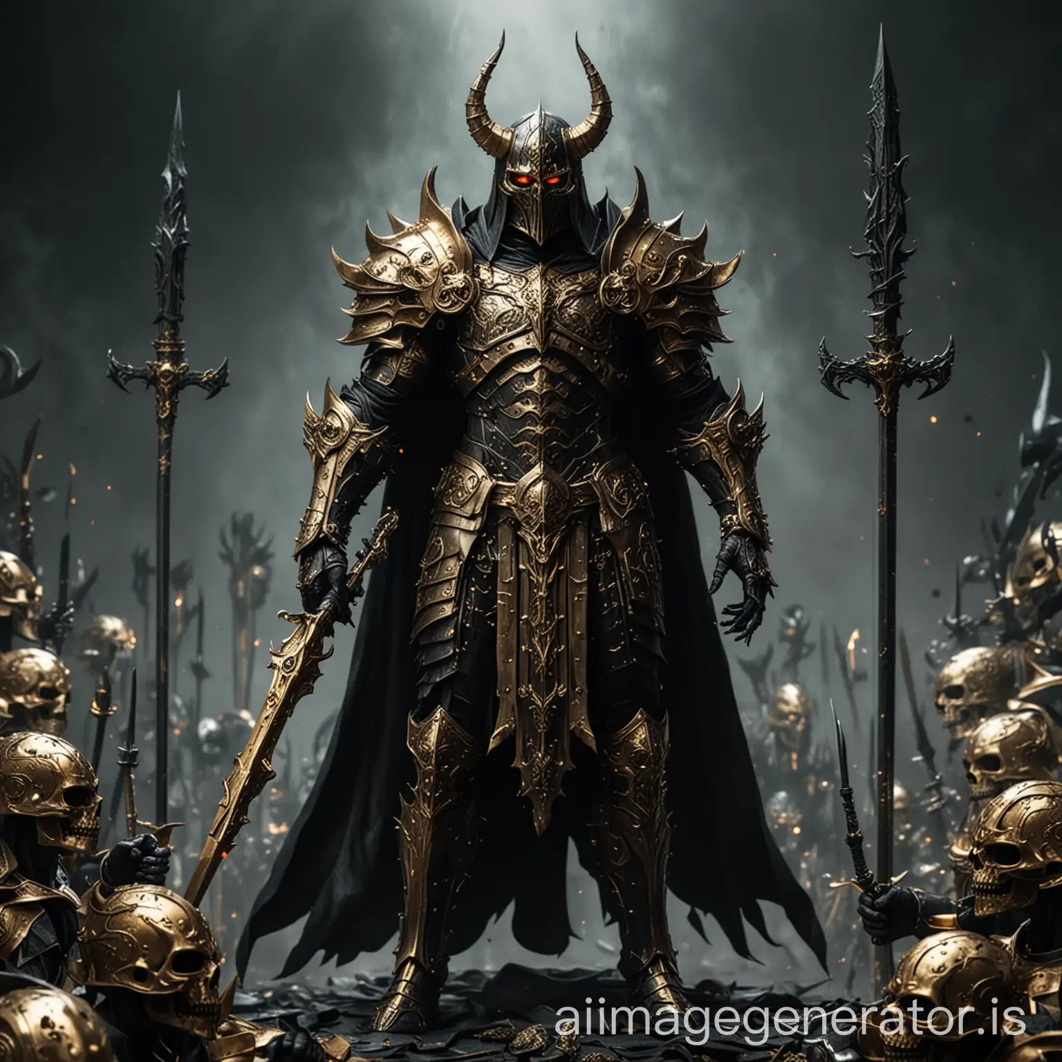 a dark lord with set of weapons and golden armor a divine king