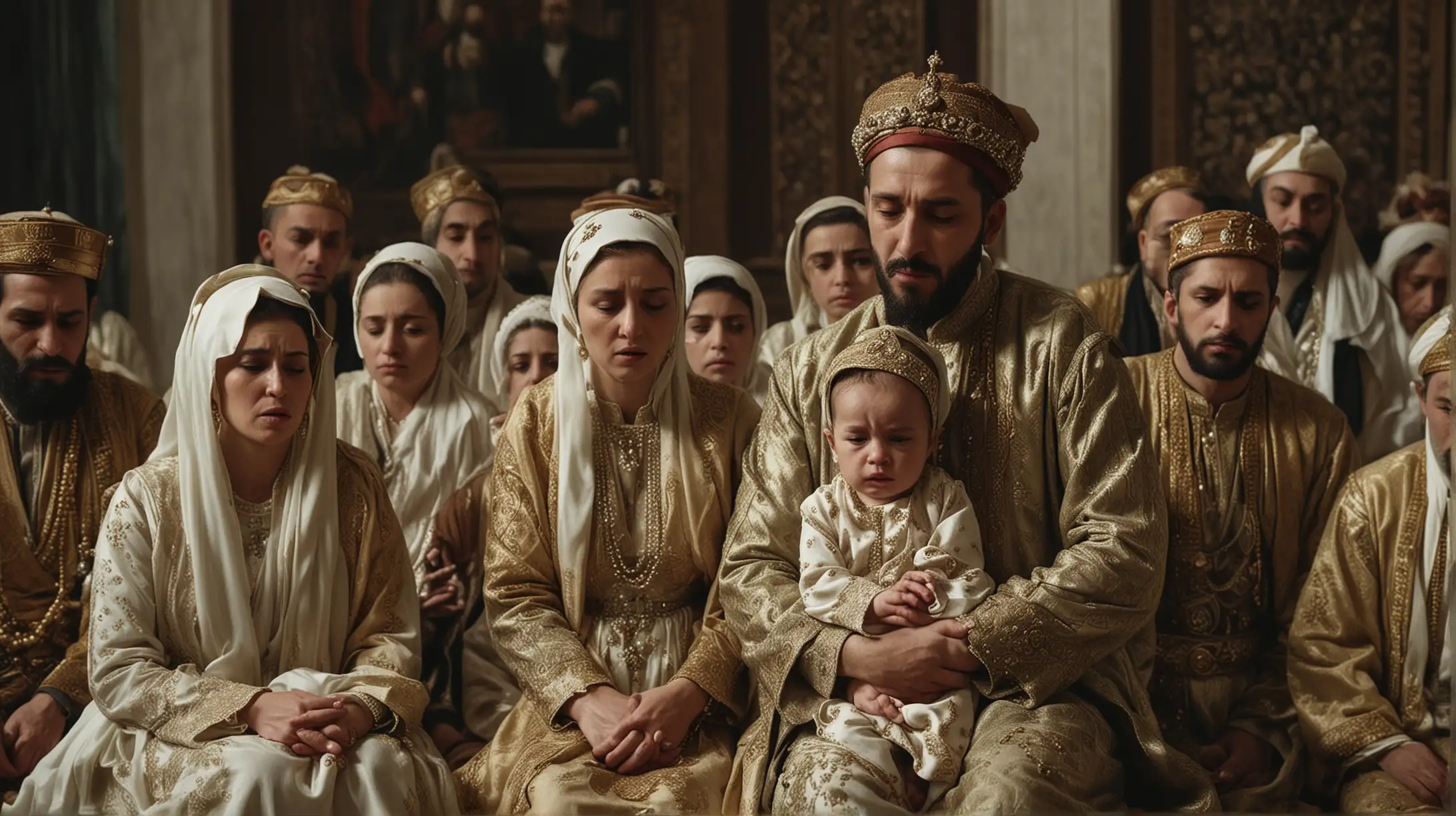 Amidst the backdrop of political turmoil, members of Sultan Suleiman's family are depicted in a moment of profound grief, their faces contorted in sorrow as they sob and hold their babies close. The innocence of the infants juxtaposes the somber atmosphere, highlighting the human toll of power struggles within the royal household. This poignant scene captures the heartbreak and anguish experienced by loved ones caught in the crossfire of dynastic ambition, reminding viewers of the personal tragedies that often accompany the pursuit of power.
Hyper realistic