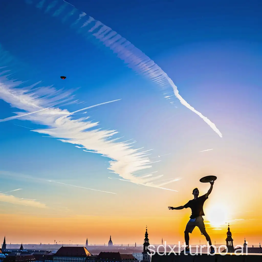 frisbee player in front of the backdrop of the city of Dresden as a silhouette