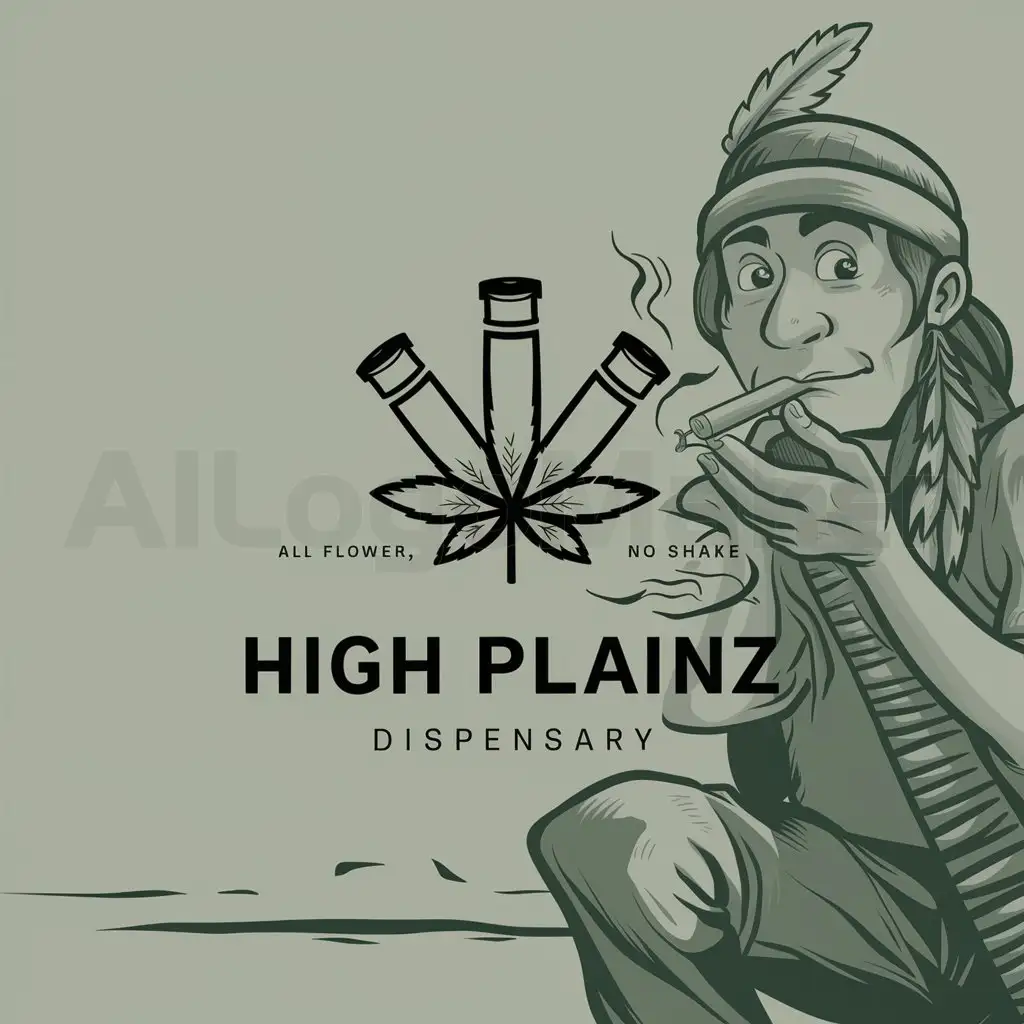 a logo design,with the text "High Plainz Dispensary", main symbol:need logo for cannabis pre roll tubes saying all flower no shake on the design add a native sioux cartoon charter smoking a preroll,Moderate,clear background