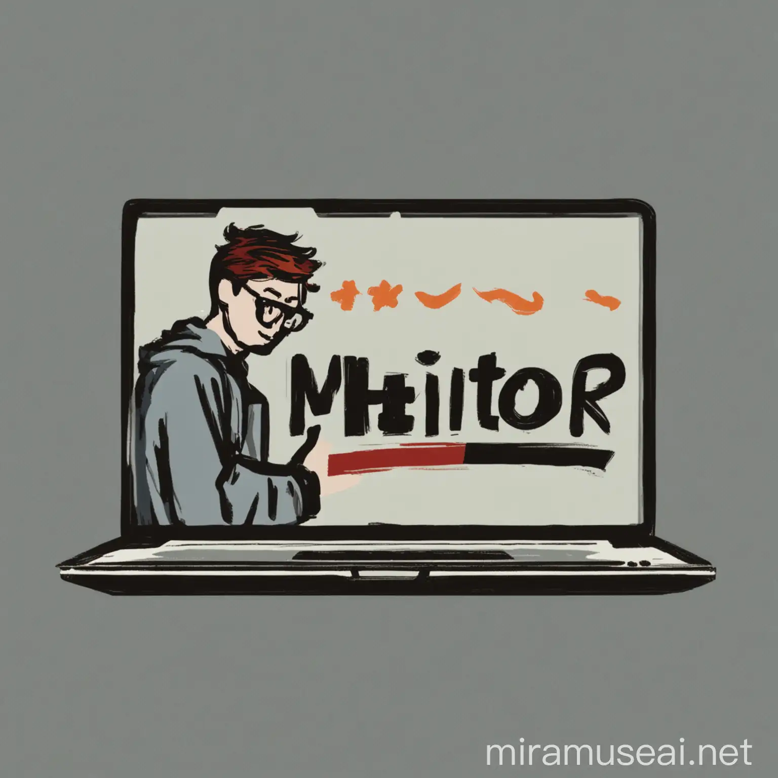 A logo of mentor online about IT that have a mentor guiding a student before a Laptop