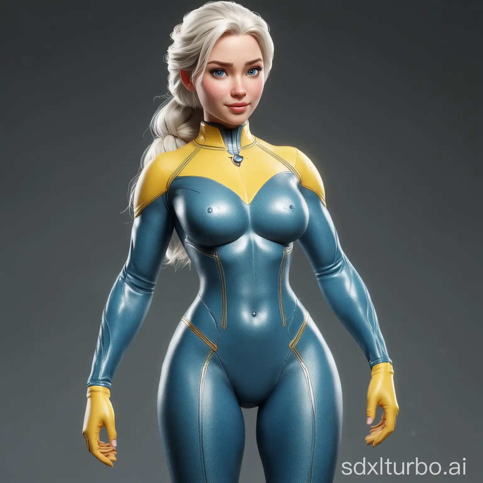 realistic Elsa (full body)fallout  with thick fit body, X-Men tight uniform, small shoulders, big ass, freckleless on face with blue and yellow suit, sexy lips and white hair big tits tall sexy woman long muscular legs . frontal pose young baby face with cristal blue eyes. pear chaped body. bottom part of the body really wider and  top part of the body smaller.