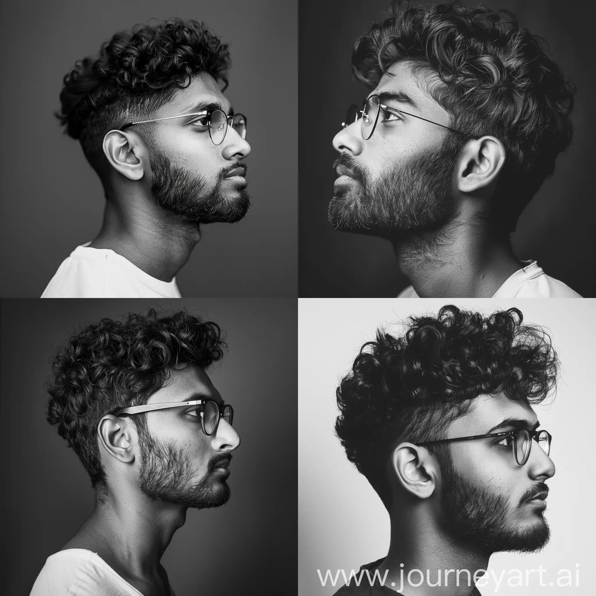 indian men, athletic build, oval face, short trimmed beard, fair complexion, smart glasses, with tapered sides and medium curly hair, left profile