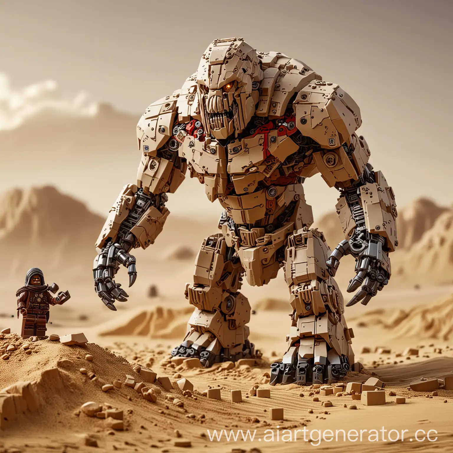 лего набор,гигантский титан из песка,нападет на деревню в пустыне,4к
