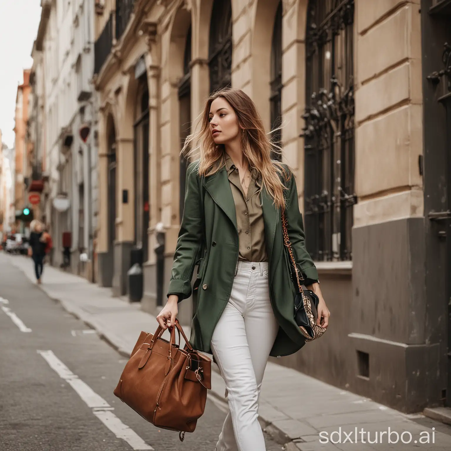 a fashionable European or American woman is walking on the street carrying a designer handbag