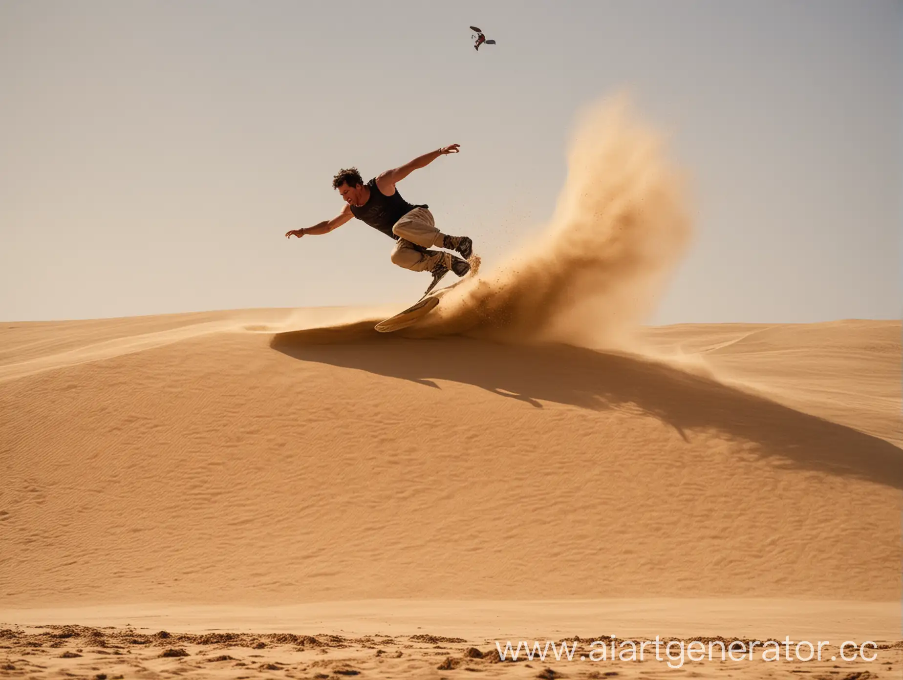 sandboarder making a salto and sand flying behind him