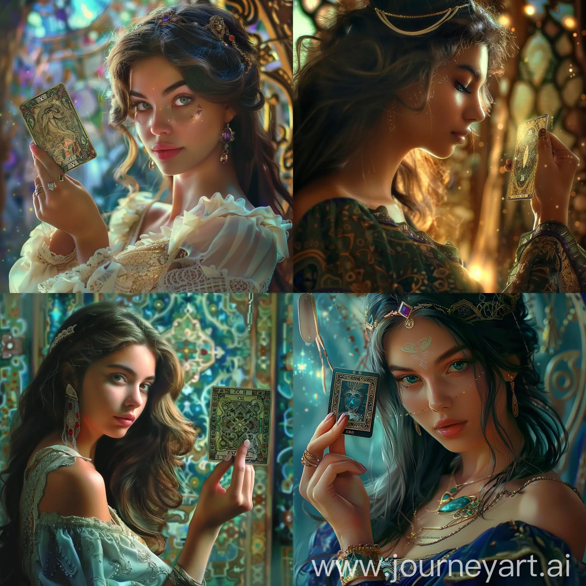 A beautiful fortune teller girl holds a tarot card face down in her hand. The environment is mystical, magical