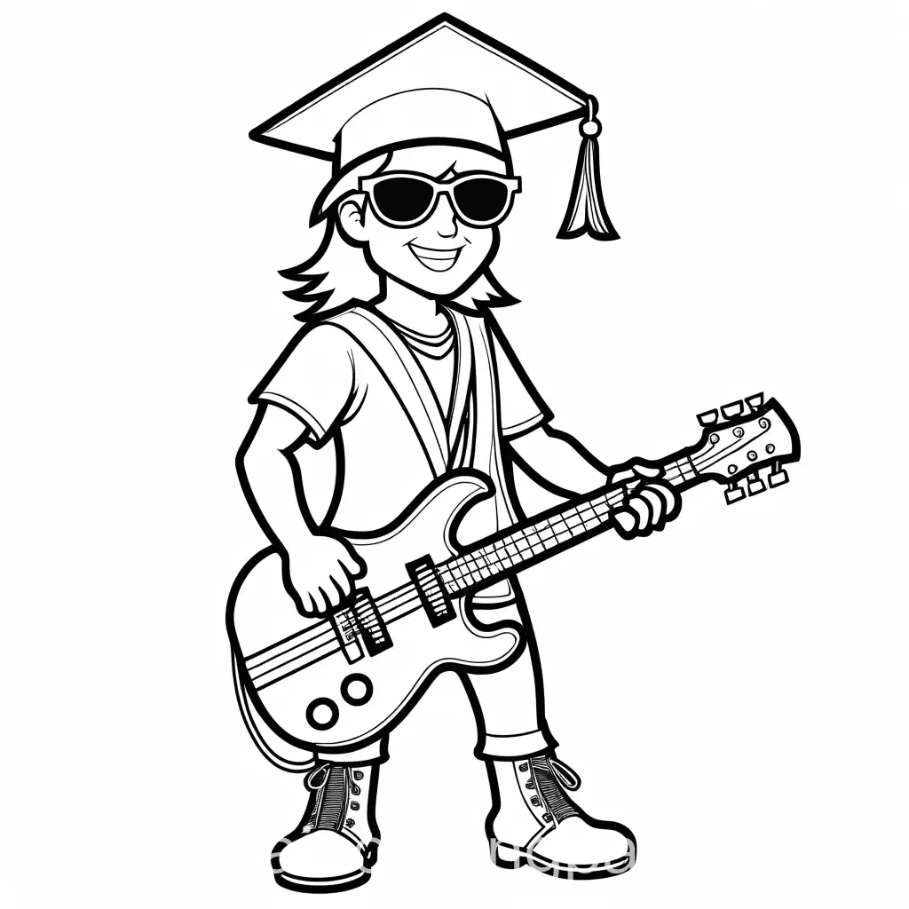 Coloring page heavy metal rocker in graduation cap full body. man. 
, Coloring Page, black and white, line art, white background, Simplicity, Ample White Space. The background of the coloring page is plain white to make it easy for young children to color within the lines. The outlines of all the subjects are easy to distinguish, making it simple for kids to color without too much difficulty