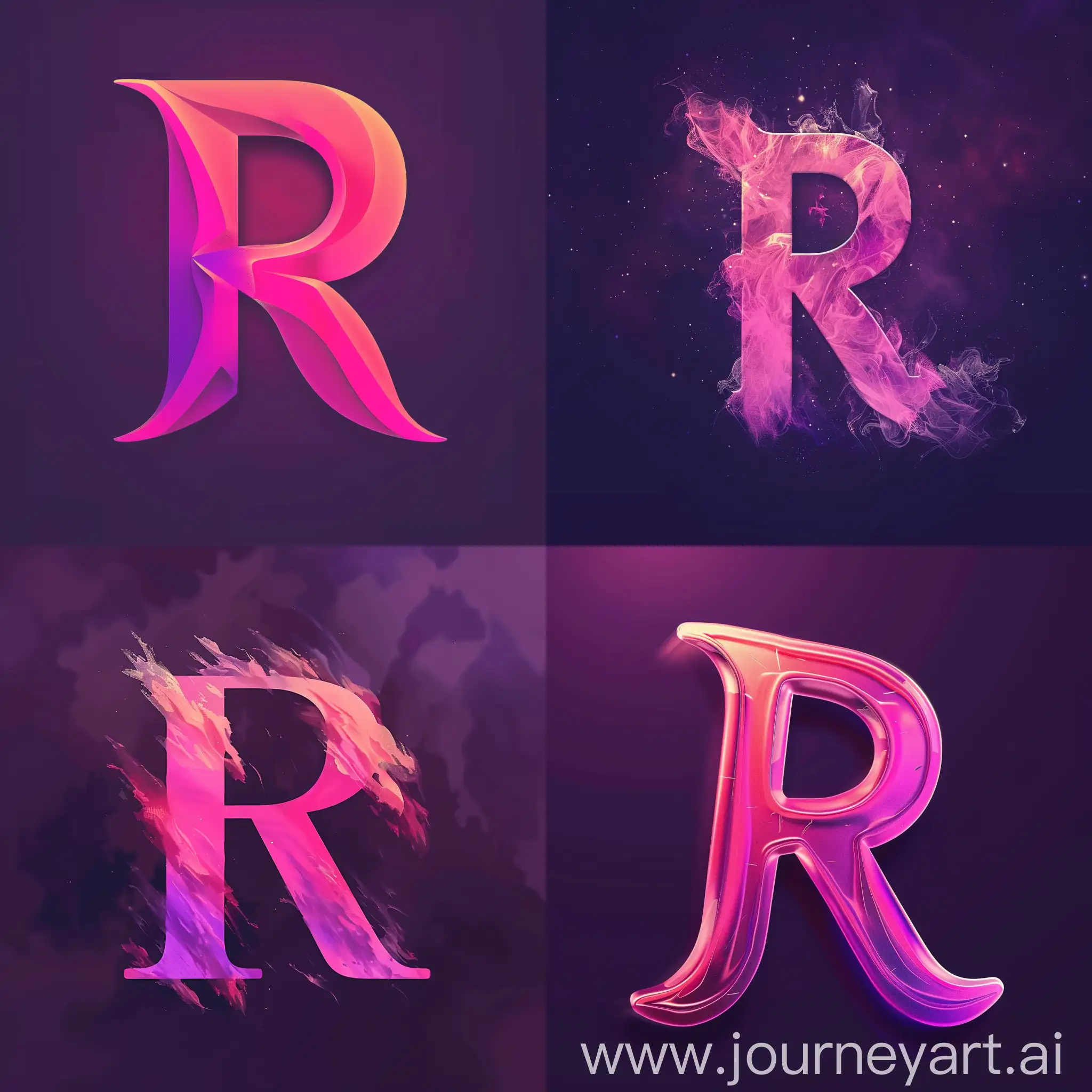 Make an avatar. In the middle, the letter R is made of a pink and purple gradient, and in the background there is a dark purple color