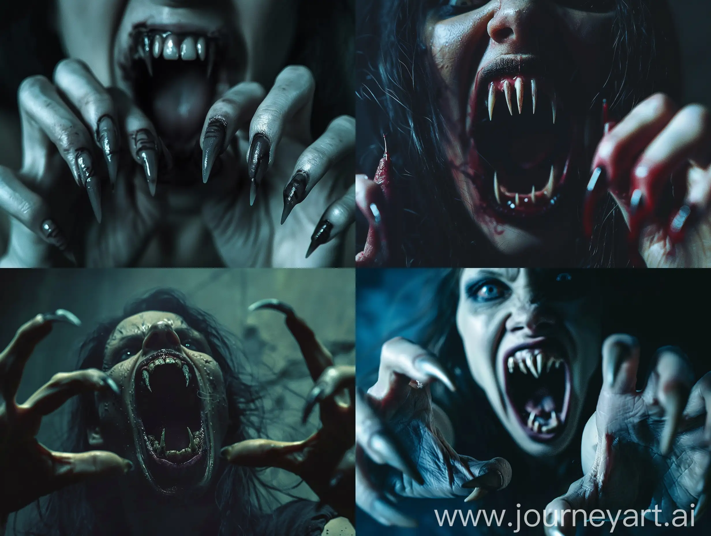A photorealistic scene of a wild, monstrous vampire woman emerging from the darkness, her menacing mouth open to reveal terrifying fangs. Her extra-long pointed fingernails resemble the claws of a predator, adding to the horror of her appearance. The scene is set in a hauntingly dark room, with atmospheric lighting intensifying the eerie and creepy atmosphere. Every detail, from the texture of her nails to the anatomical precision of her hands, is meticulously depicted in high detail. The hyper-realism and cinematic quality of the image bring out the full terror of this undead creature, making it a nightmare-inducing and grotesque depiction. The vampire's aggressive and threatening presence is captured with intense realism, ensuring that every aspect of this photorealistic horror scene is as terrifying as it
