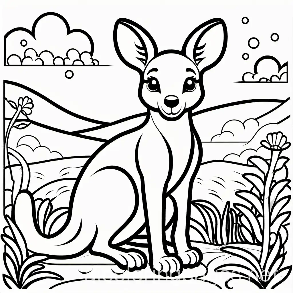 Coloring book, a cute kangaroo, thick lines, cartoon, glossy eyes, no color, no shade, image at centre, Coloring Page, black and white, line art, white background, Simplicity, Ample White Space. The background of the coloring page is plain white to make it easy for young children to color within the lines. The outlines of all the subjects are easy to distinguish, making it simple for kids to color without too much difficulty