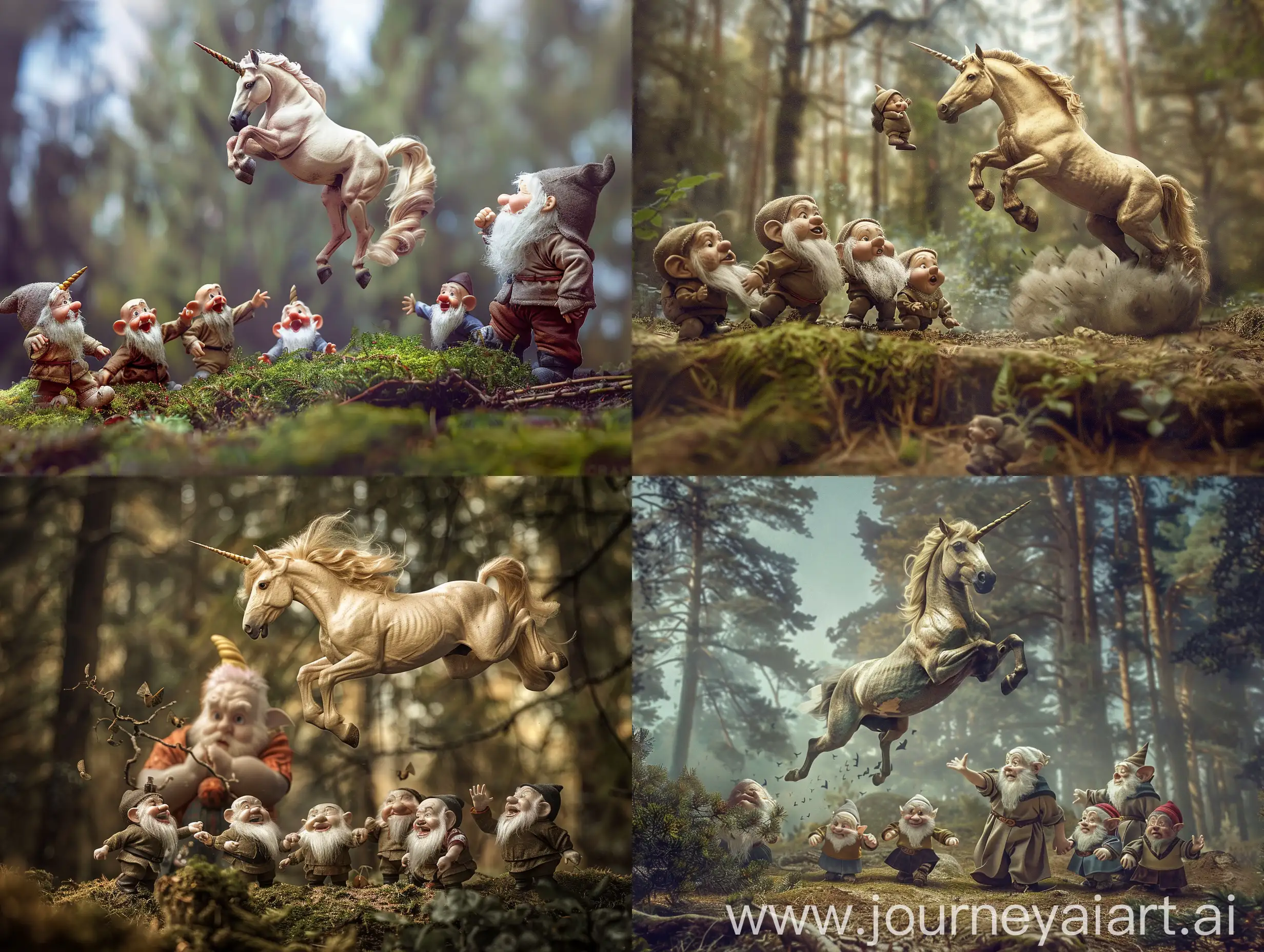 Készíts egy Daly inspirálta realisztikus fotót, ami egy erdő közepén ugráló unikornist mutat, 7 apró törpe társaságában. 