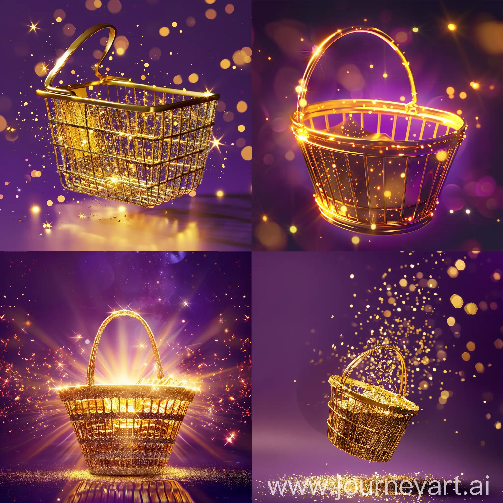 Golden-Shopping-Basket-on-Purple-Background-Surrounded-by-Golden-Light