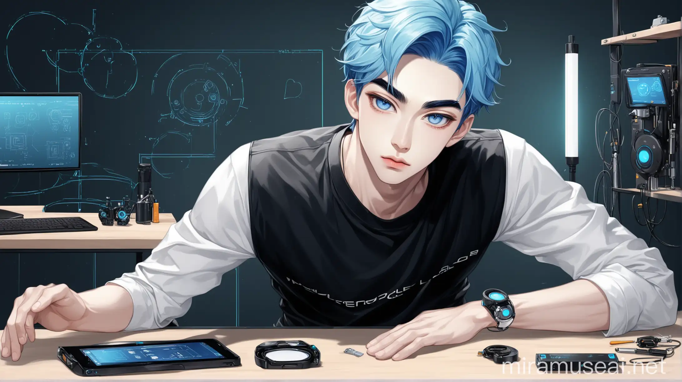 A Korean kpop male idol most attractive handsome elegant looking , facial features:(blue hair, sea blue eyes, straight upturned nose, monolid big doe almond eyes, lower fuller lips, round borderlining heart shaped small face, straight eyebrows ),leaning over a workbench, tinkering with a small device. Playful look
Outfit:(black shirt inner layer , white full sleeve tshirt outer layer , tight skinny black pants 
Background: a modern tech lab 