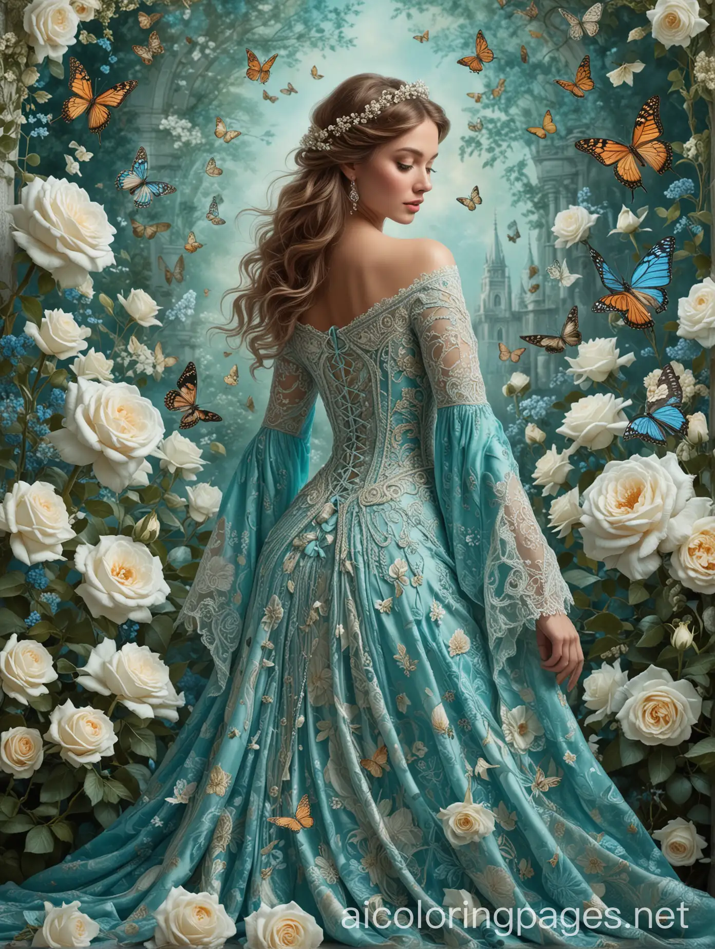This is an intricate and artistic image featuring a woman in a flowing, ornate turquoise dress adorned with floral patterns and lace. She is surrounded by large, beautifully detailed turquoise and white roses, as well as delicate butterflies that appear to be fluttering around her. The composition gives a dreamy, elegant, and whimsical feel, reminiscent of a fairy tale or fantasy scene. The woman’s pose, the detailed textures of the dress, and the harmonious color palette all contribute to the captivating aesthetic of the artwork., Coloring Page, black and white, line art, white background, Simplicity, Ample White Space. The background of the coloring page is plain white to make it easy for young children to color within the lines. The outlines of all the subjects are easy to distinguish, making it simple for kids to color without too much difficulty
