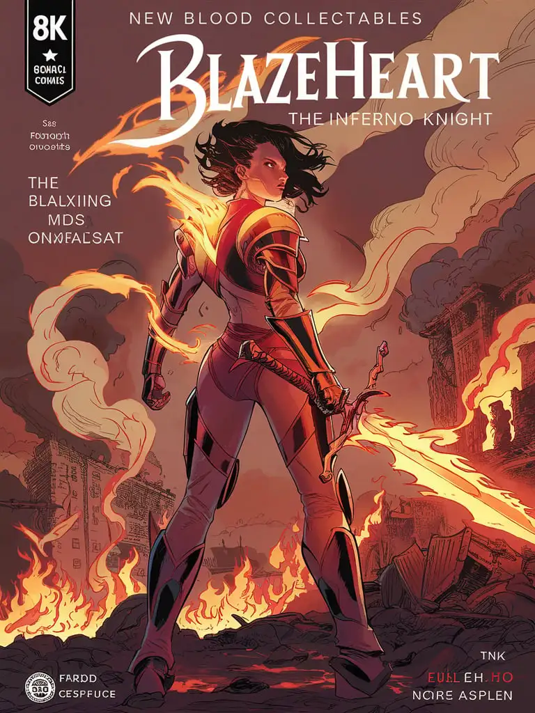 Design an 8K #1 comic book cover for "New Blood Collectables" featuring "Blazeheart, the Inferno Knight." Use FSC-certified uncoated matte paper, 80 lb (120 gsm), with a slightly textured surface. Description: Blazeheart stands proudly, her fiery armor glowing with intense heat, as she gazes out upon a burning cityscape...
