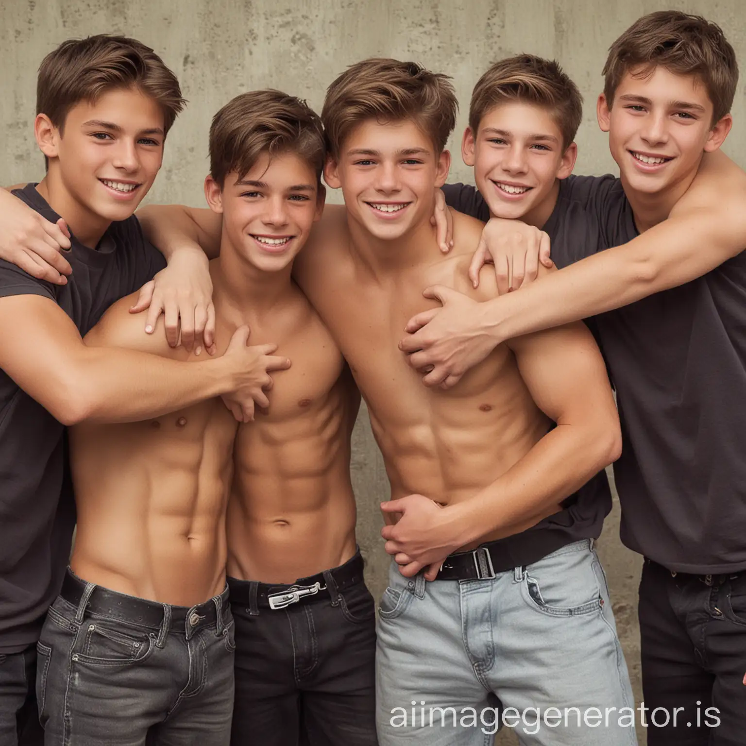 handsome young teen boys six pack giving a hug