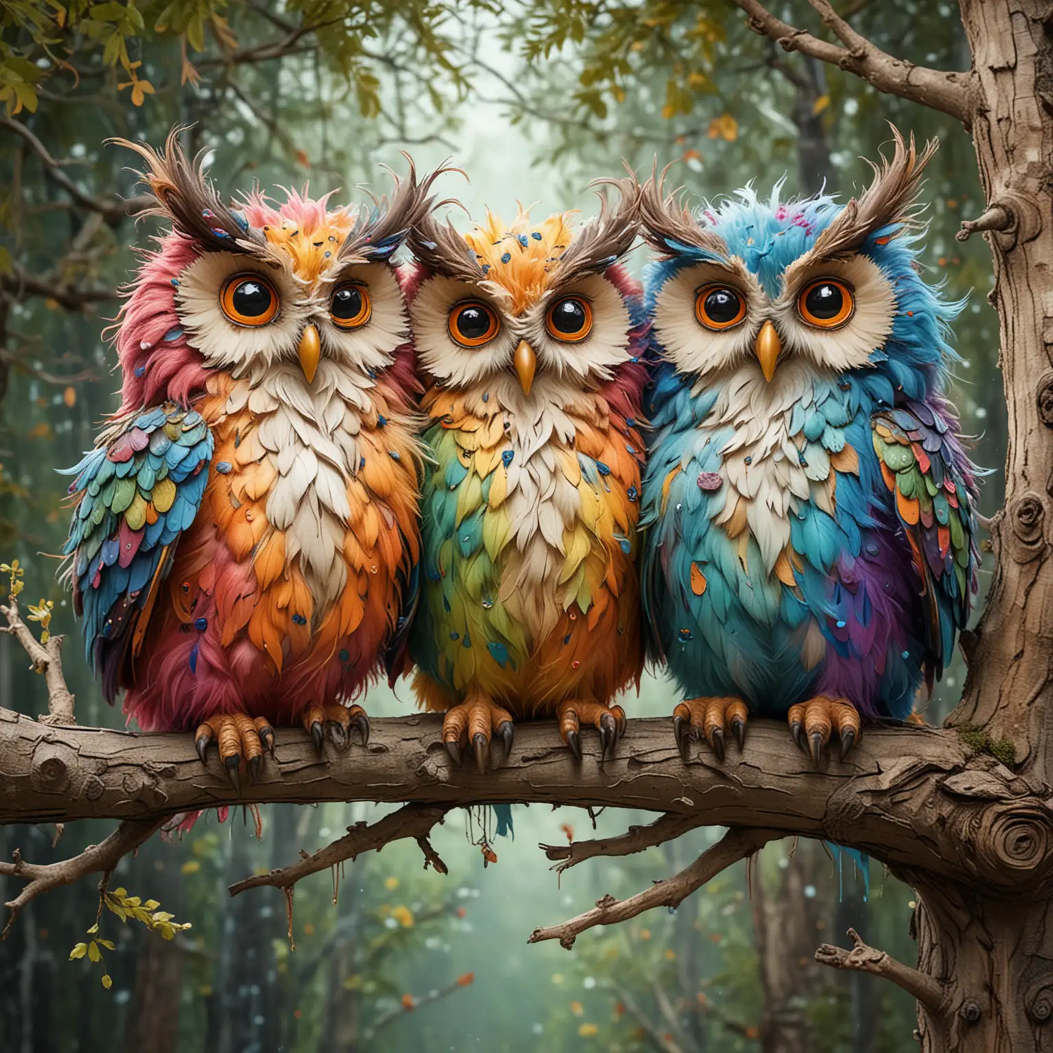 a whimsical caricature of three fluffy, colorful owls, with messy hair, sitting on a tree branch making silly faces
