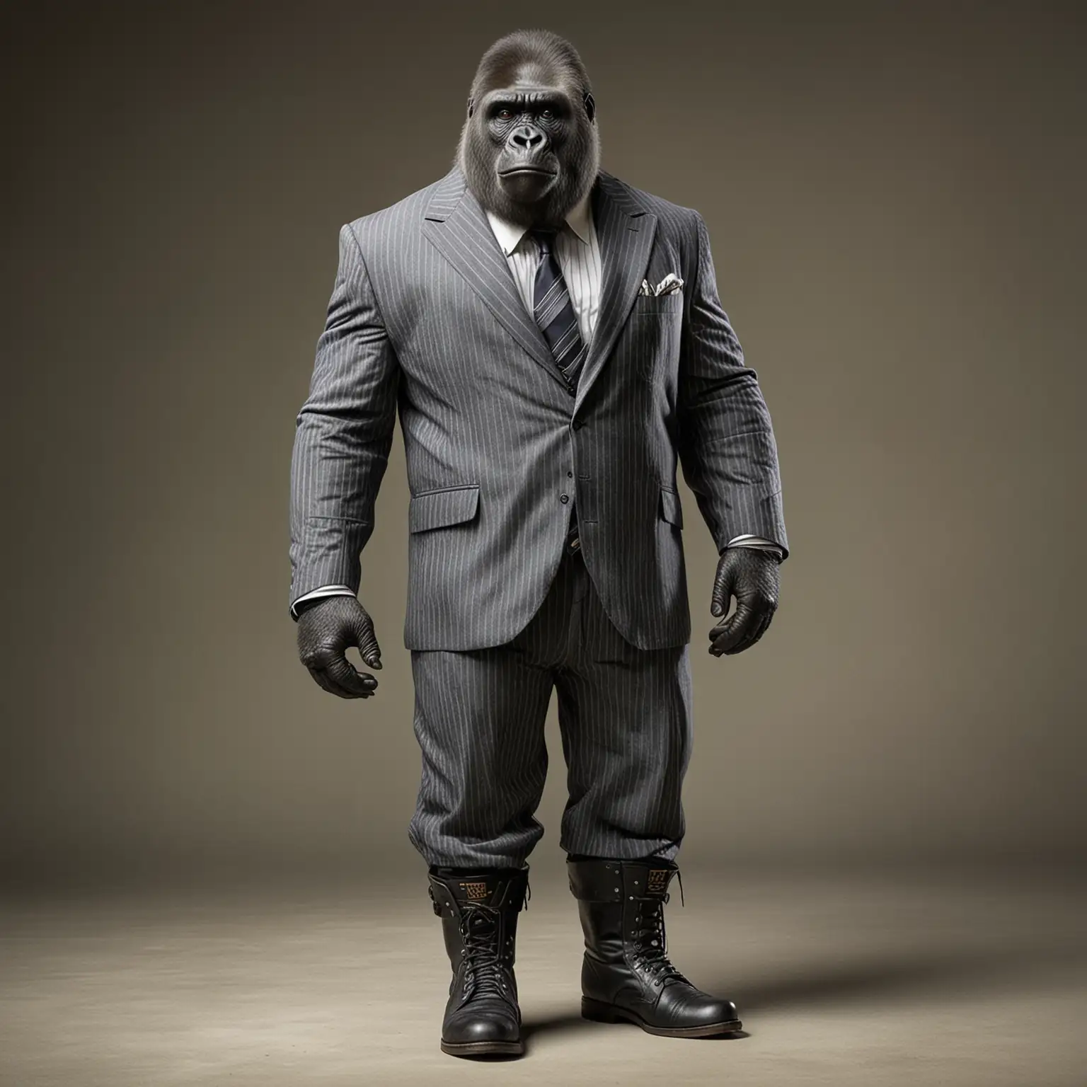  en gorilla i en kritsträksrandig kostym och stövlar och helfigur