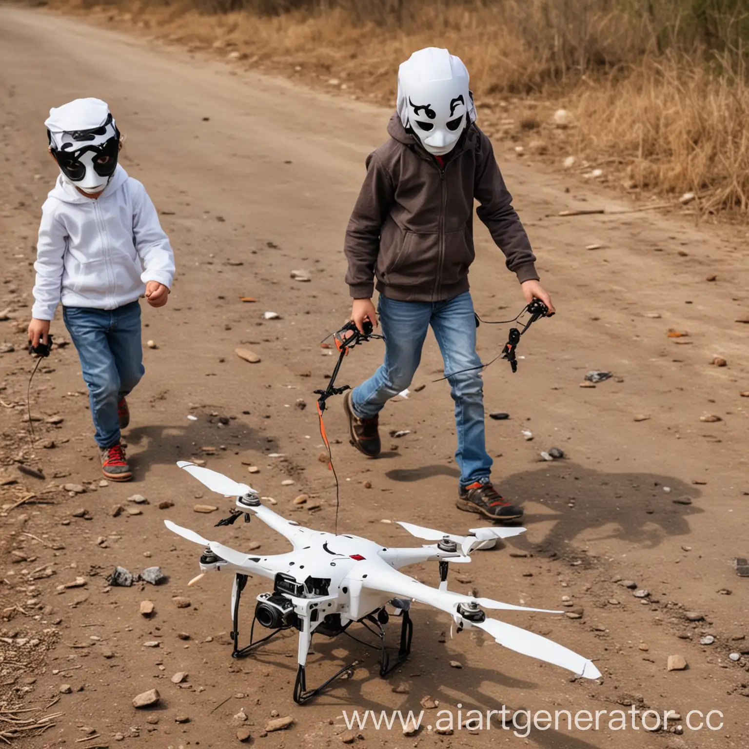 Playful-Children-in-Animal-Masks-with-a-Broken-Drone