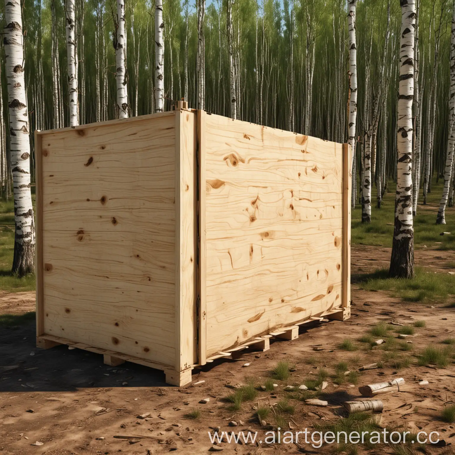 HighQuality-Photorealistic-Plywood-Container-amidst-Birch-Forest