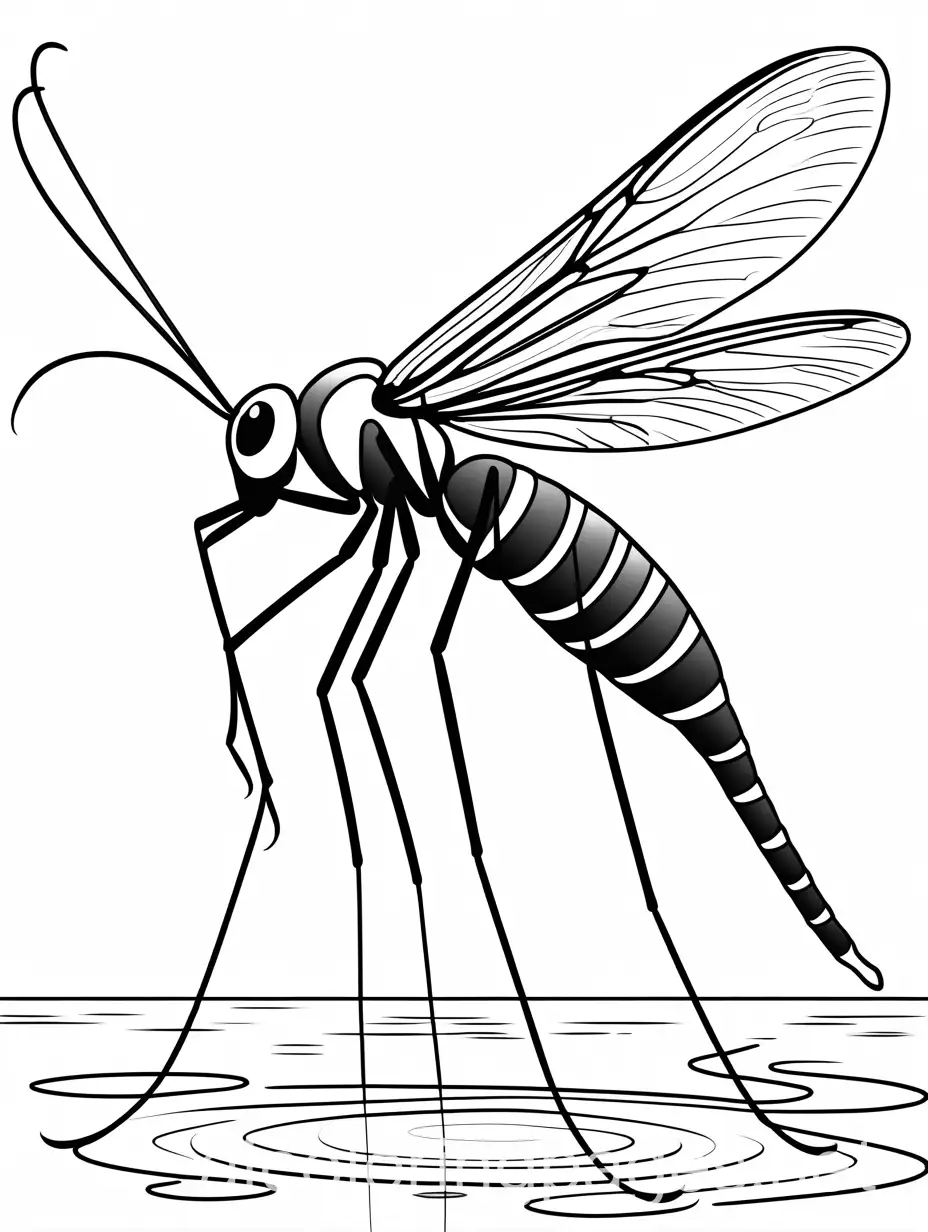 A mosquito with slender legs and a long proboscis, flying near water, Coloring Page, black and white, line art, white background, Simplicity, Ample White Space. The background of the coloring page is plain white to make it easy for young children to color within the lines. The outlines of all the subjects are easy to distinguish, making it simple for kids to color without too much difficulty
