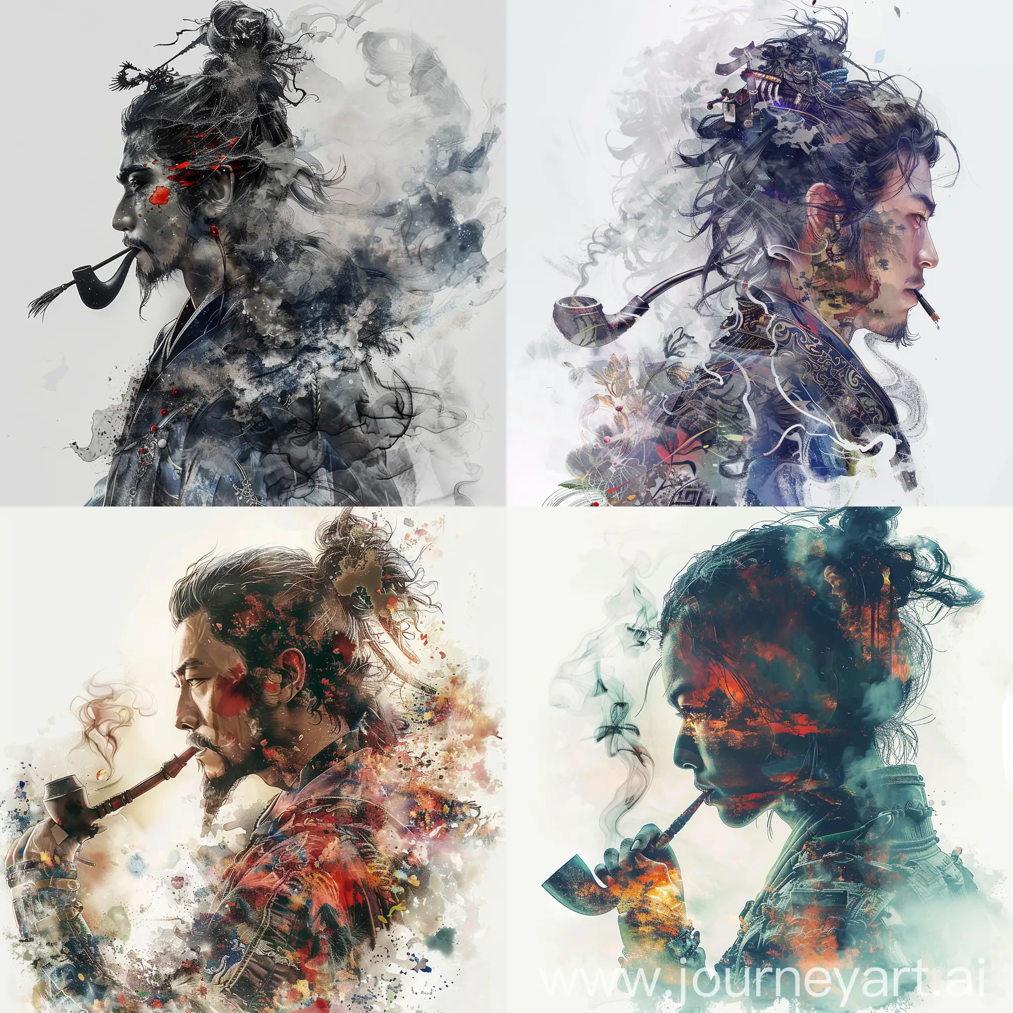 Warrior-Smoking-Pipe-and-Holding-Sword-in-Double-Exposure-Portrait