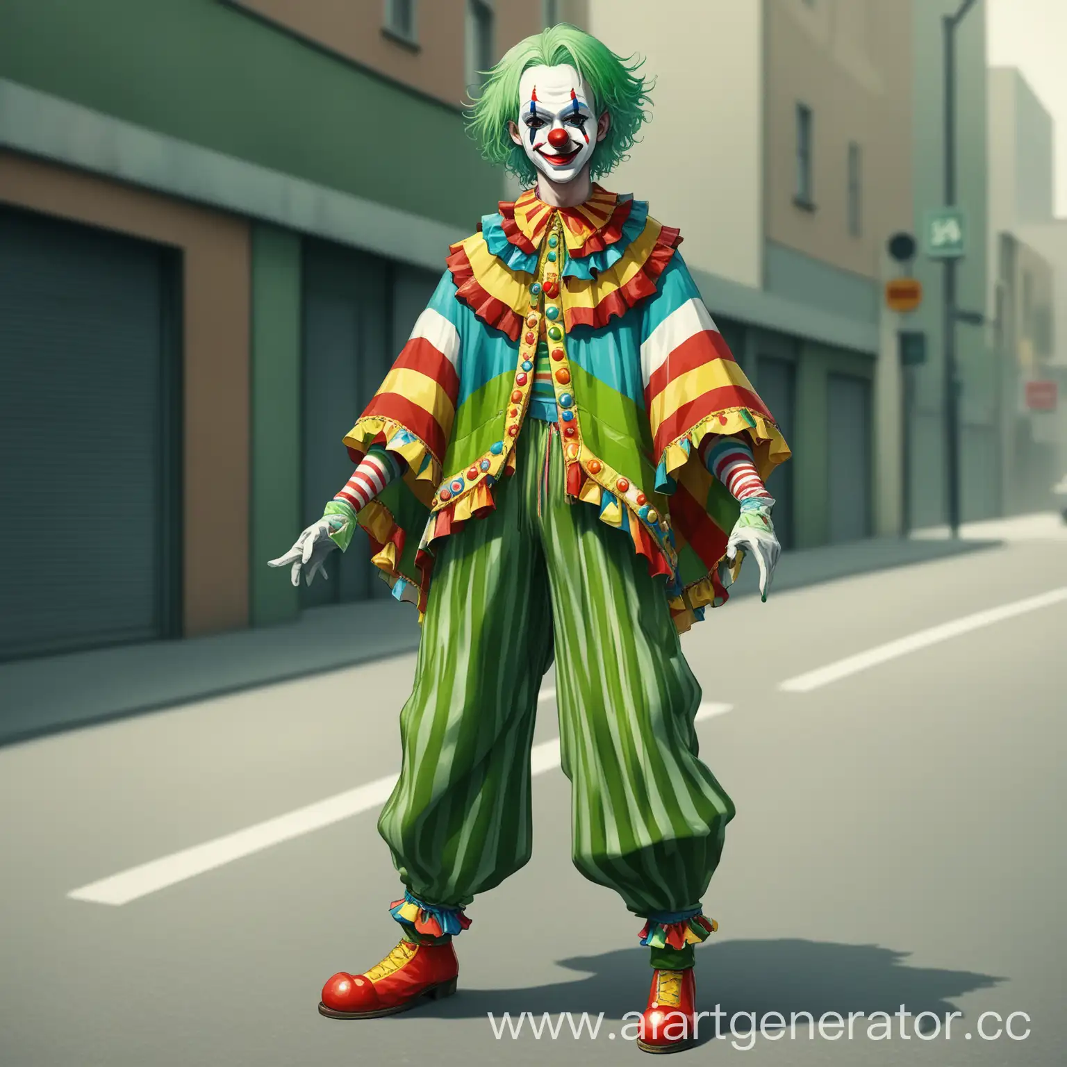 Colorful-GreenHaired-Clown-in-Elaborate-Costume