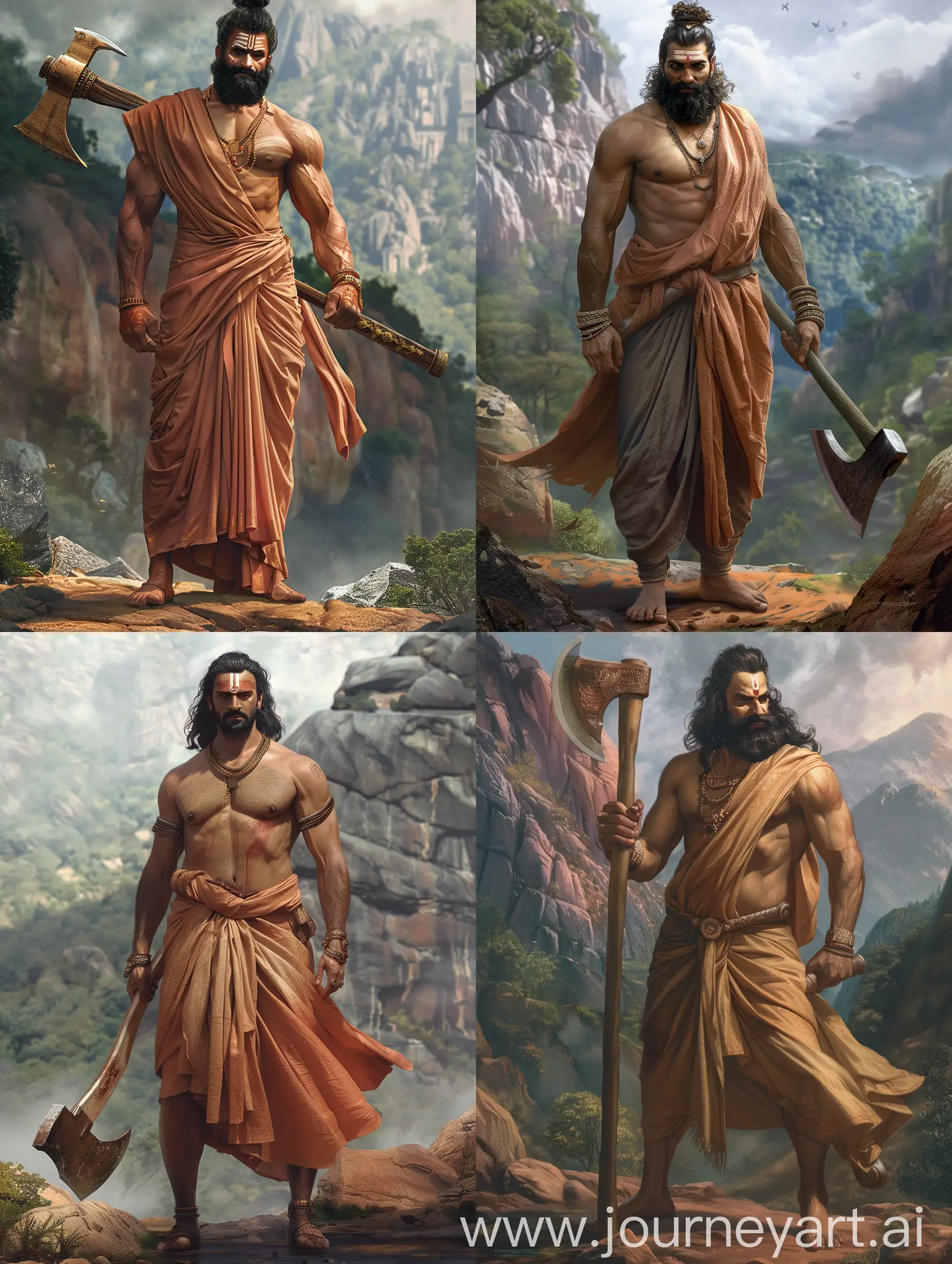 Visualize Lord Parashurama, the fierce warrior sage, standing tall and resolute. His muscular frame is adorned in simple, earth-toned robes that flow with the breeze. In his hand, he wields his mighty axe, its blade gleaming with an aura of divine power. His eyes, filled with unwavering determination and wisdom, scan the horizon. Behind him, a backdrop of rugged mountains and dense forests stretches out, symbolizing the challenges he has overcome. This is Lord Parashurama, the relentless force of justice and retribution, ever ready to defend righteousness with his formidable axe. ultradetailed. Photorealistic.--ar 9:16