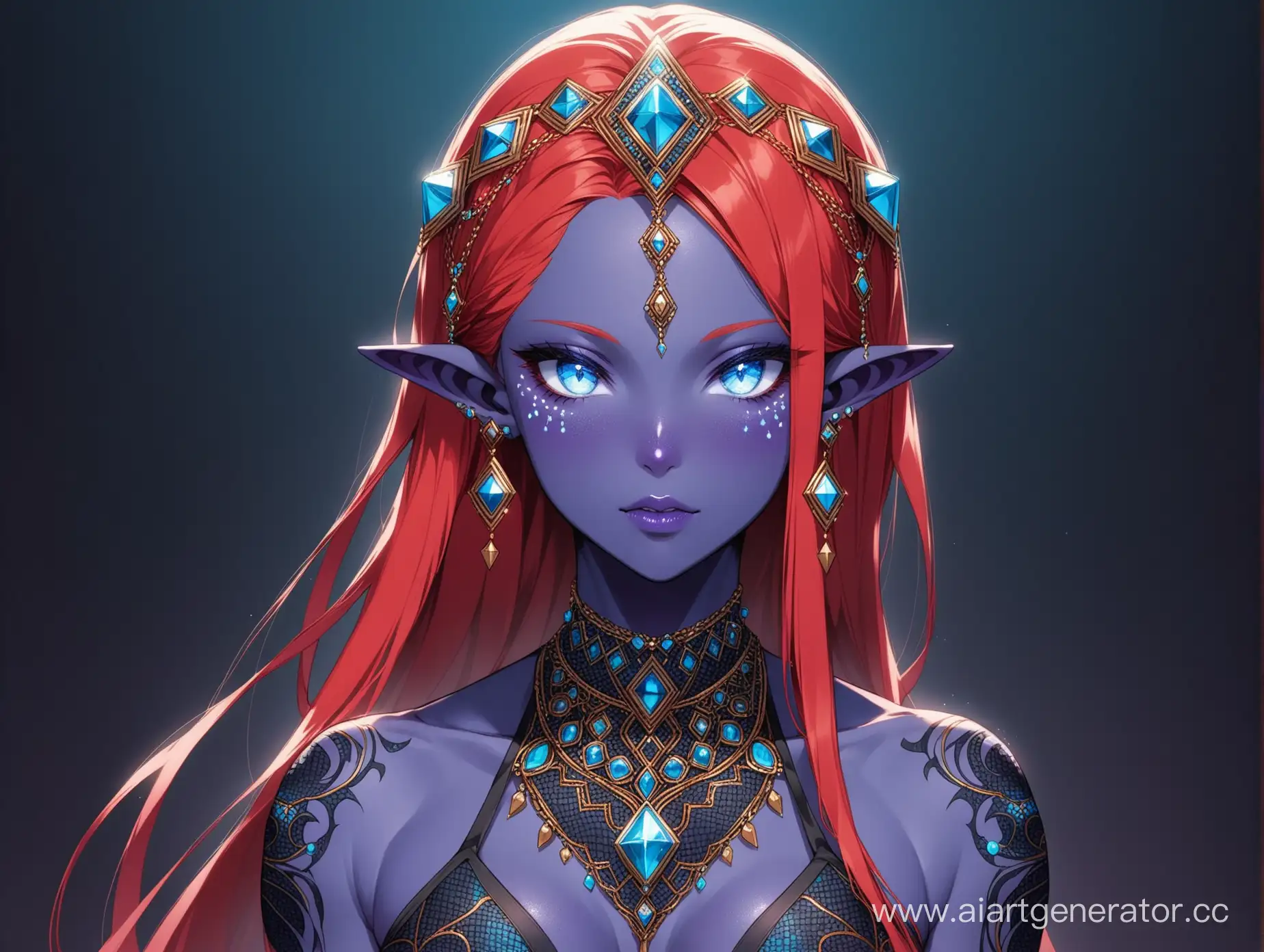 A girl with purple skin, sharp ears, long red hair, and beautiful blue eyes. She has a sexy athletic body. She wears a decoration of precious stones on her head, and clothing of thin dark fabric with various patterns on her body.