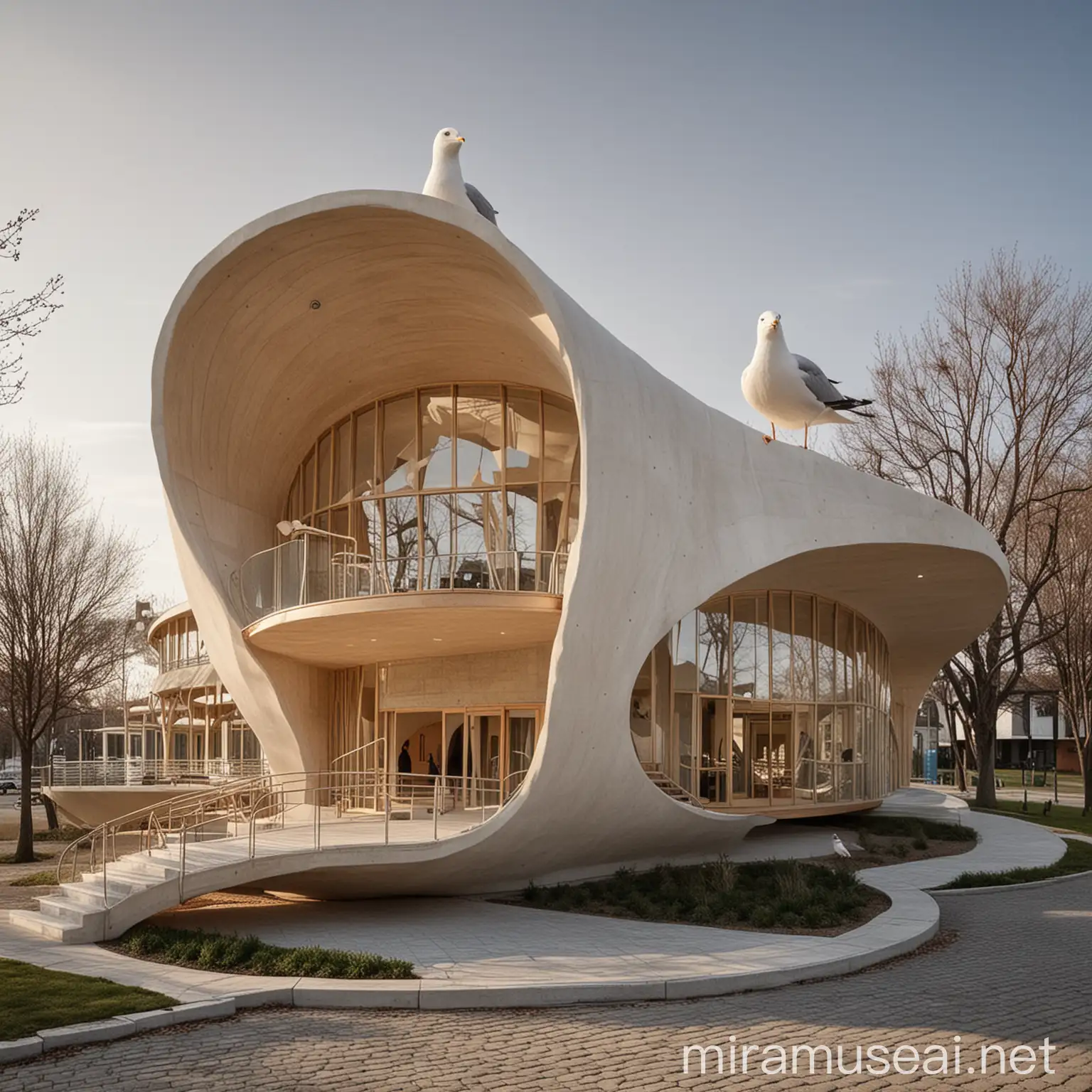 I WANT TO DESIGN MONTESSORI SCHOOL AND I TAKE INSPIRATION FROM SEAGULL BIRD AND FROM TWO WINGS AND A TAIL AND I WANT ITS ALL FORM IN CURVES BUILDING AS ARCHITECTURAL POINT OF VIEW EXTERIOR