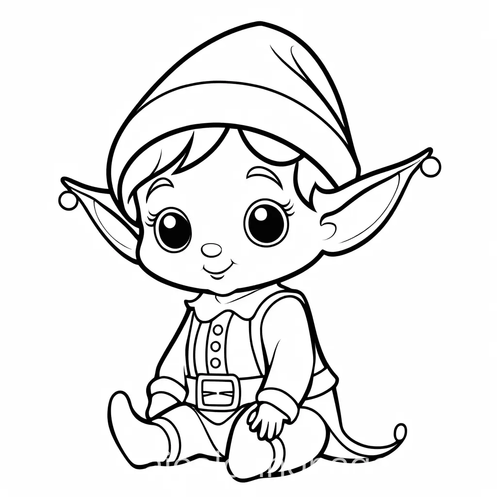 baby elf, Coloring Page, black and white, line art, white background, Simplicity, Ample White Space. The background of the coloring page is plain white to make it easy for young children to color within the lines. The outlines of all the subjects are easy to distinguish, making it simple for kids to color without too much difficulty