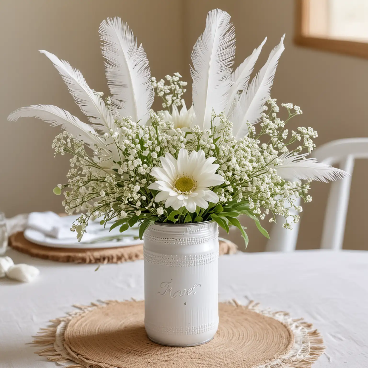 simple and small DIY all-white boho wedding centerpiece with tin can vase painted all white and embellished with white beads and holding a few white feathers and a few white wildflowers