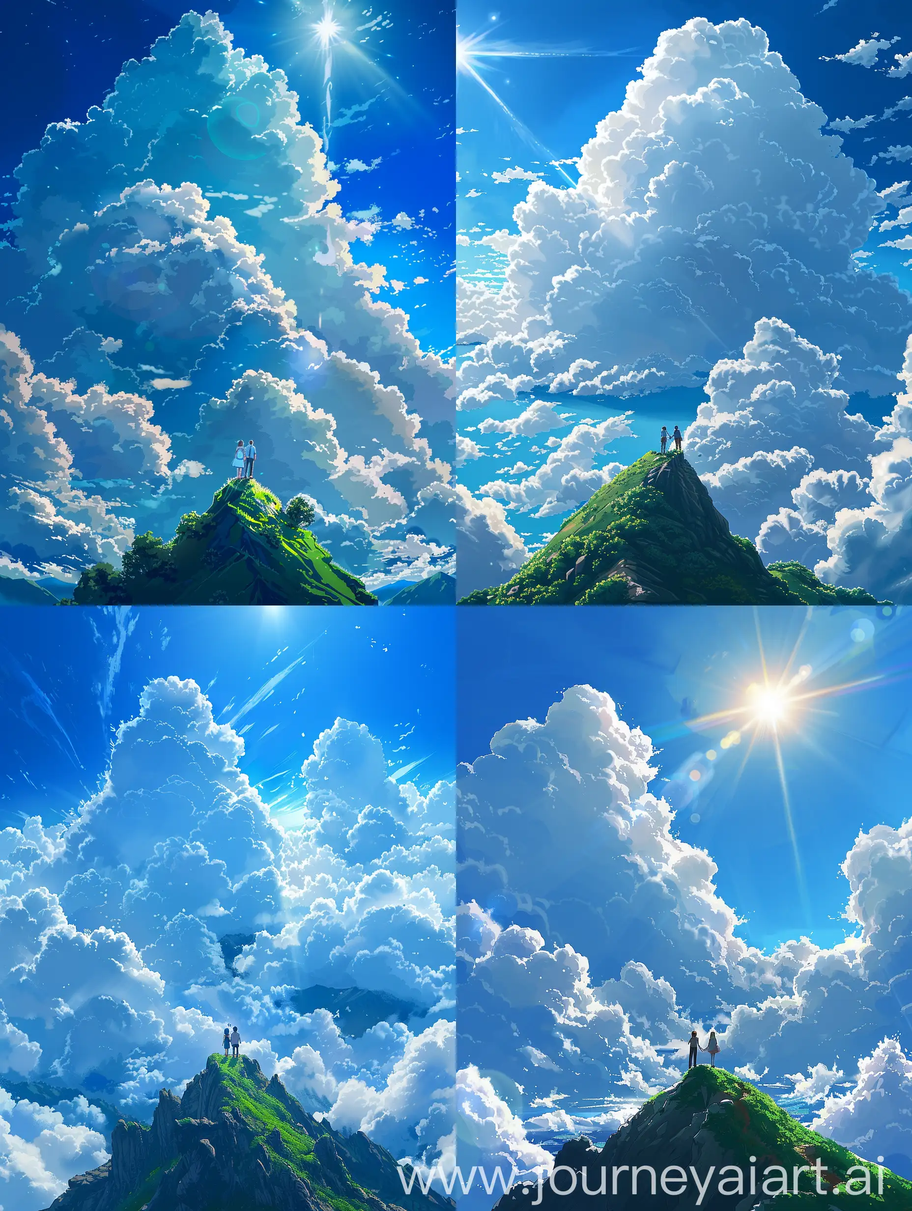 3d anime style of  sky is a deep blue, suggesting it might be a clear day. It's filled with bright full of fluffy, white clouds that are well-lit by the sunlight, giving them a bright and soft appearance. There's a green mountain  peak visible at the lower part of the image and a couple standing at the top. This indicates that the viewer might be at a high vantage point, possibly on another mountain or a high hill.super vibrant,cinematic