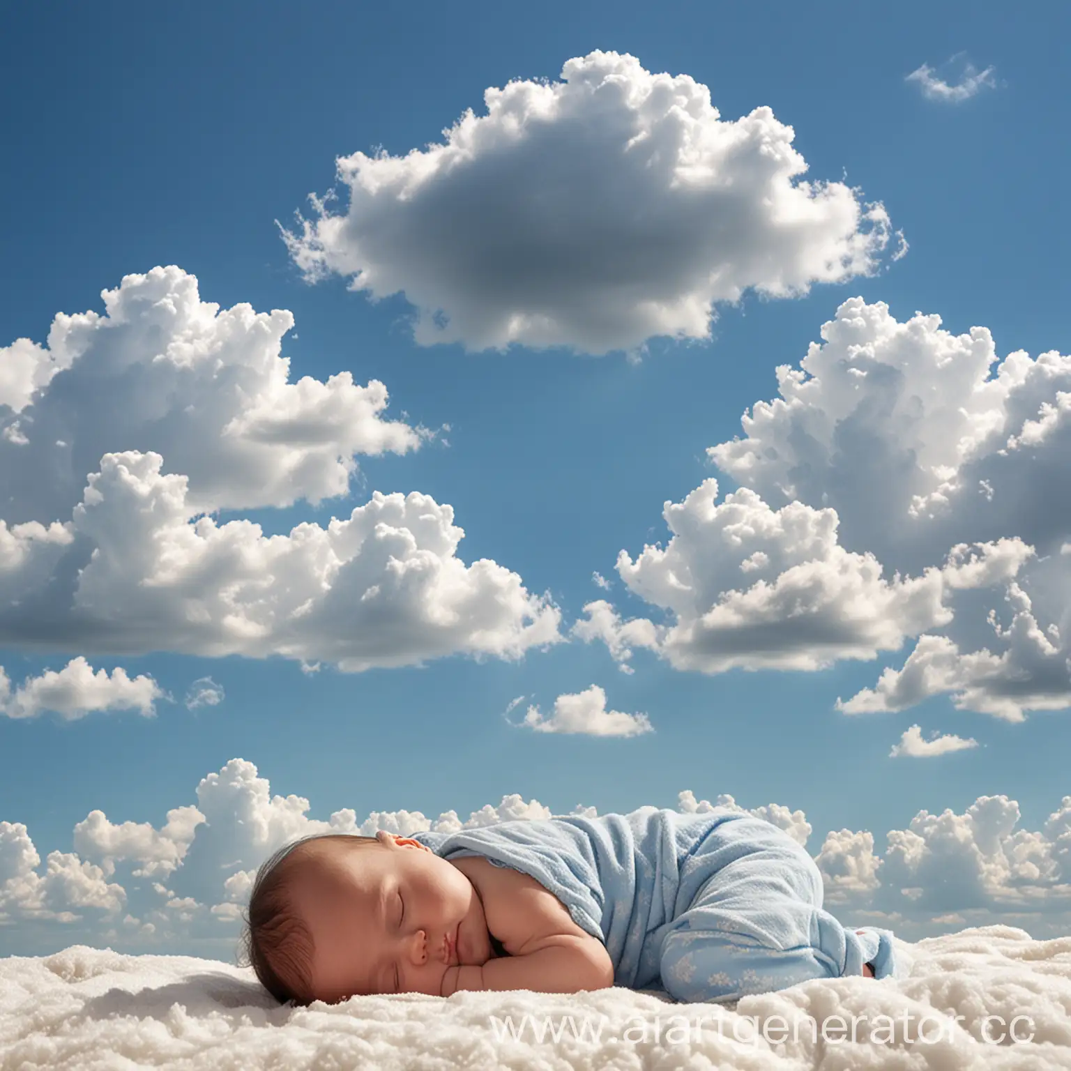 Голубое небо с облаками и спящий малыш до года