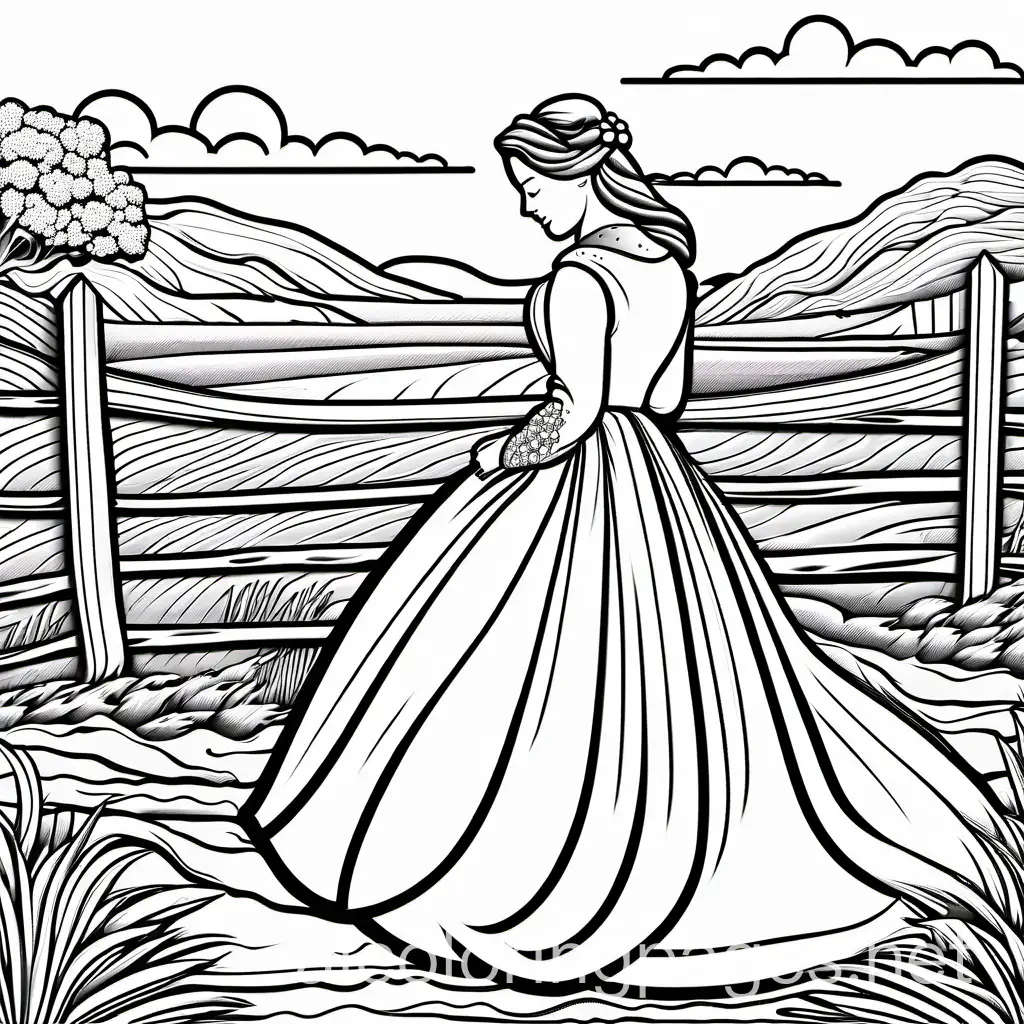 Sad wife left behind during civil war wearing wedding ring
, Coloring Page, black and white, line art, white background, Simplicity, Ample White Space. The background of the coloring page is plain white to make it easy for young children to color within the lines. The outlines of all the subjects are easy to distinguish, making it simple for kids to color without too much difficulty