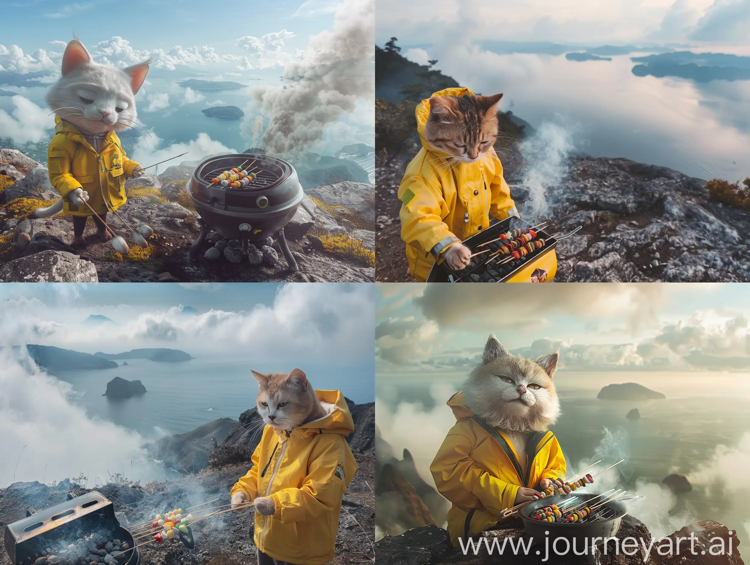 cute cat wearing a yellow outdoor jacket is grilling skewers on the top of a mountain. The skewers are placed on a charcoal grill. Smoke from the barbecue is rising. Behind it is a calm sea, with a small island in the distance and clouds and mist in the sky