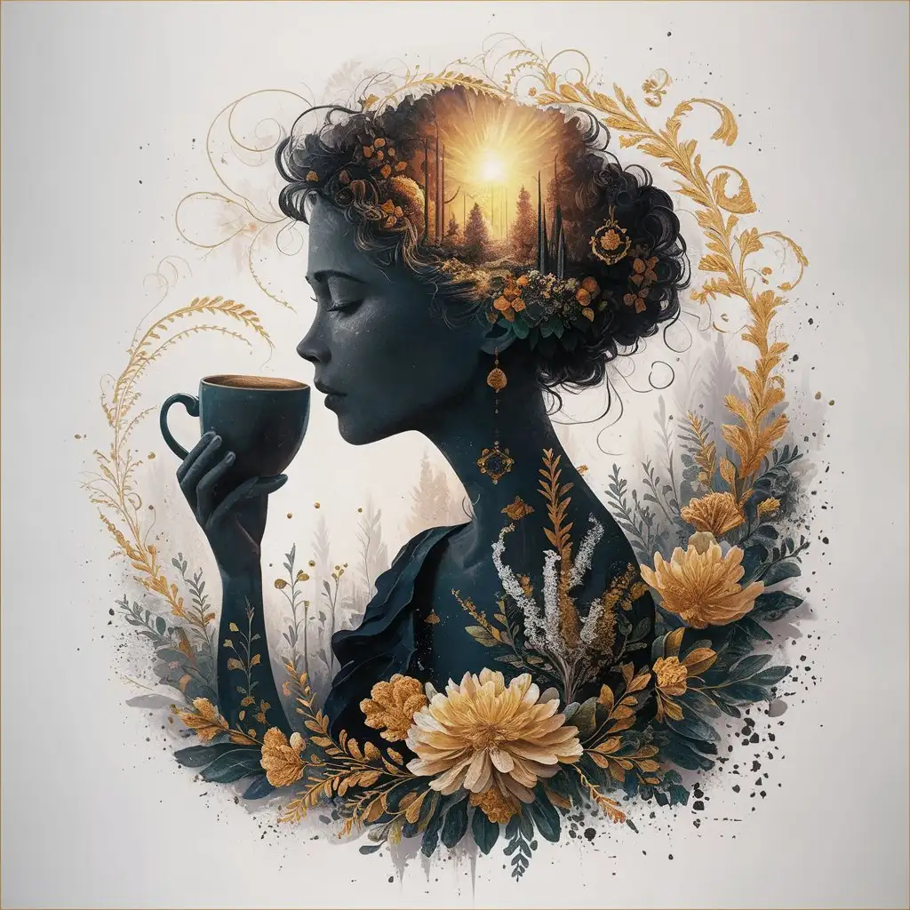 Stunning image artwork by Amanda Clark and Jim Mahfood, which masterfully combines elements of folk art and the volumetrically shady silhouette of a woman enjoying coffee. The artist's garden is beautifully depicted with a vivid sunrise, elements of nature and a touch of golden accents that harmoniously combine in the design. Complex details and French nodes give the piece a rich, textured look, and the soft white background allows the object to stand out as a focal point. This captivating and emotionally evocative graphic is a true testament to the skill and ability to tell the stories of artists.