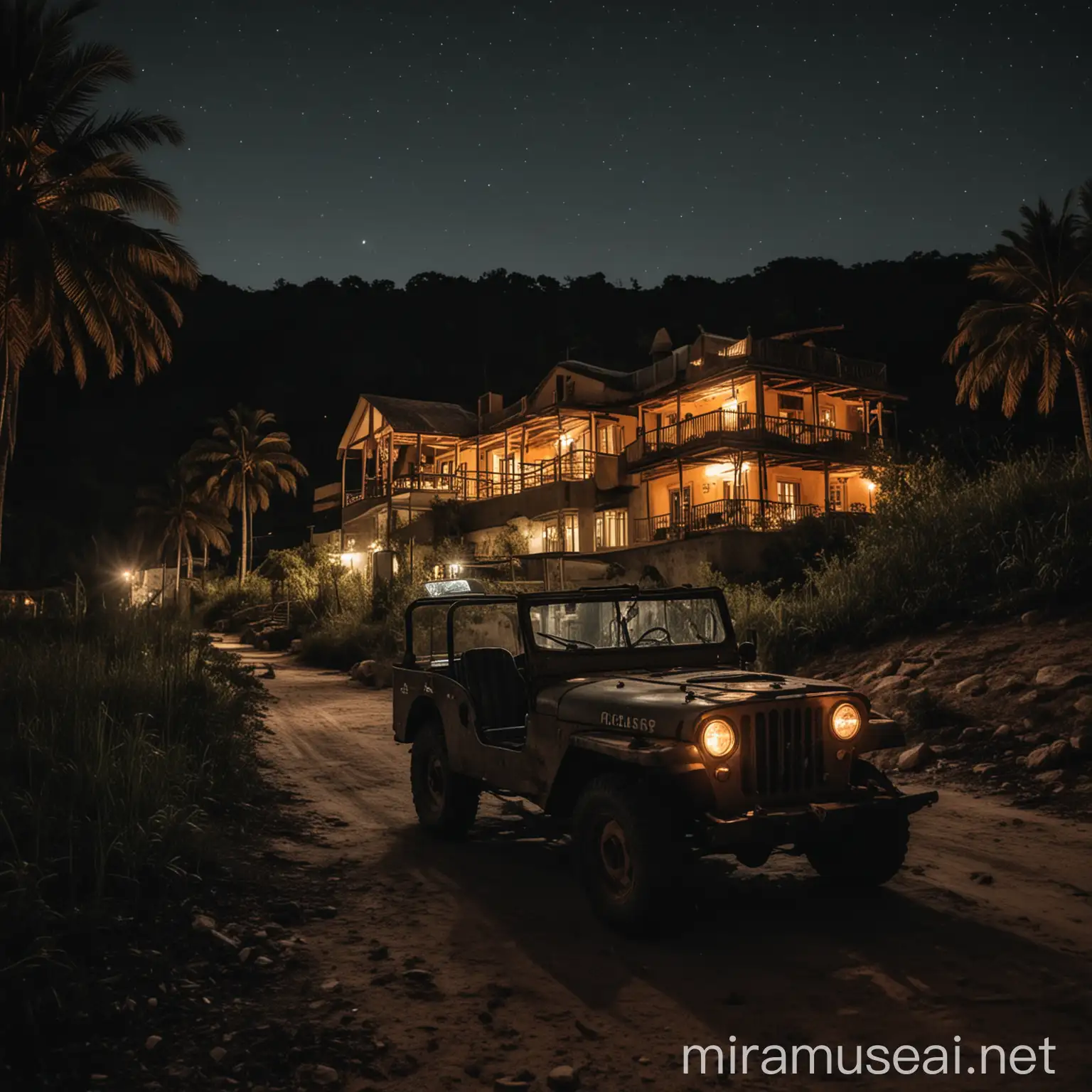 an old jeep heading towards an old resort at night
