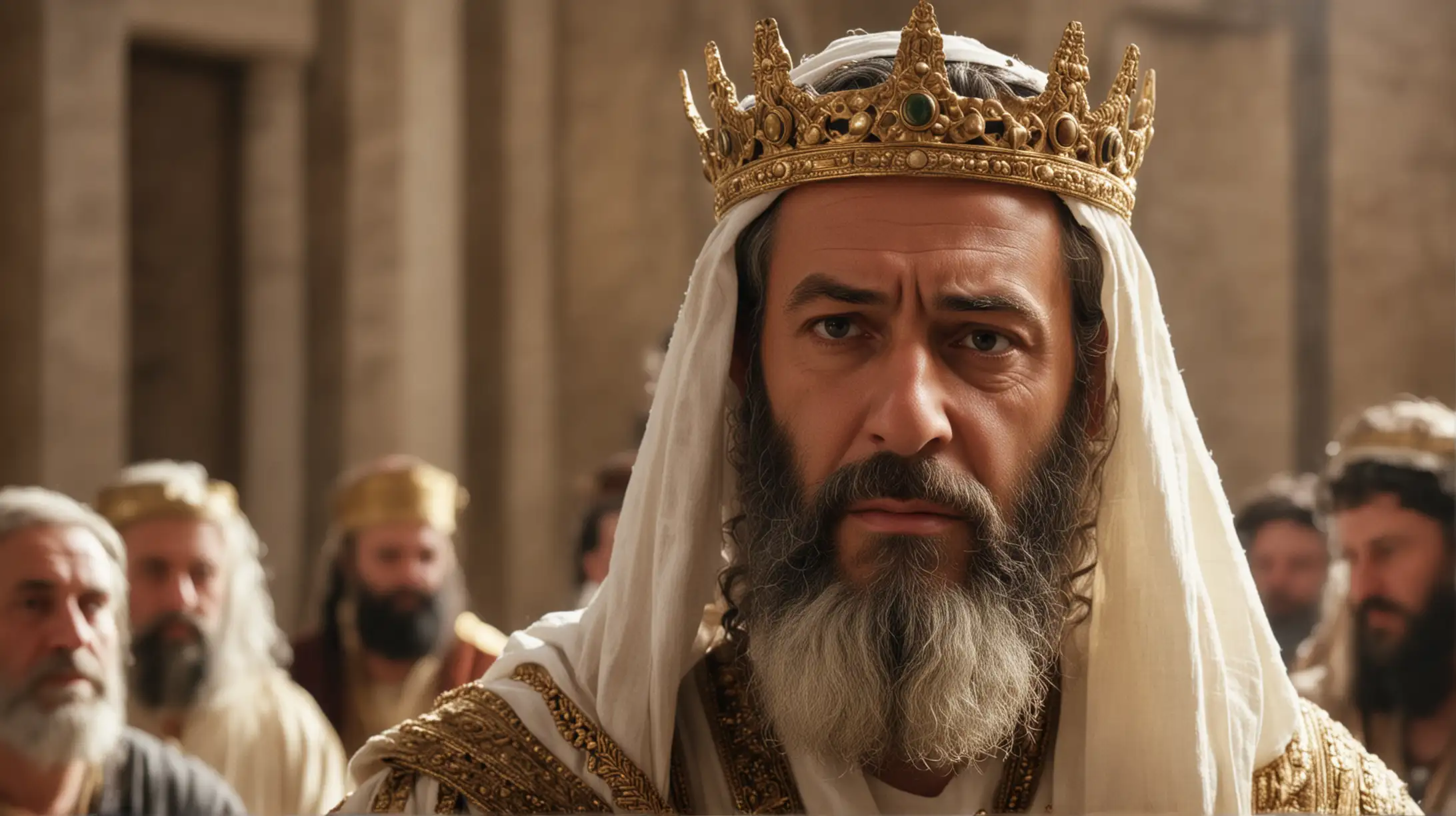 a closeup of a middle aged King Hezekiah from the Bible in a Jewish temple.  With some other people in the background. Set during the Biblical era.