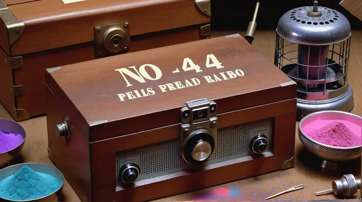 Vintage Radio and Engraved Wooden Box with Colored Powders
