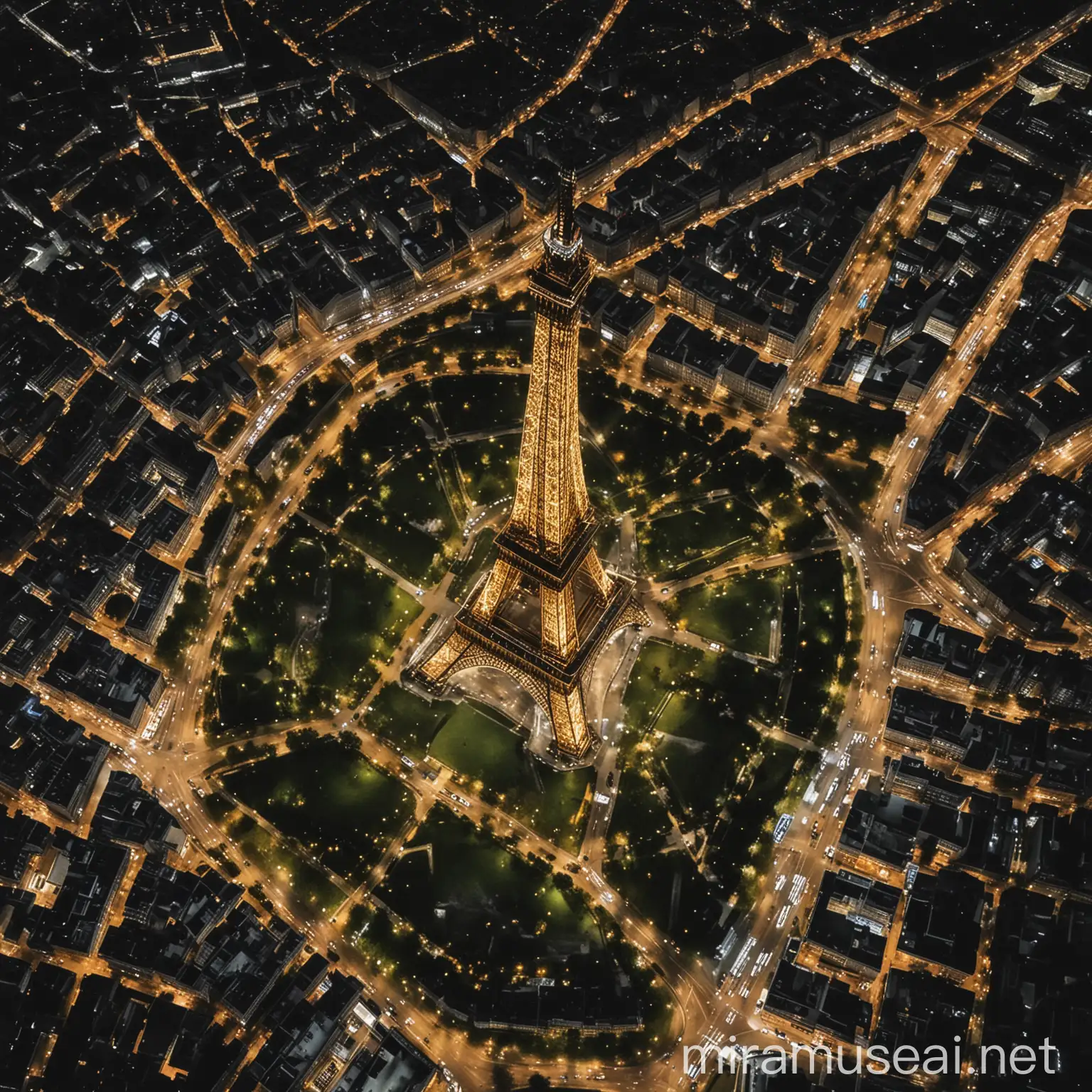 Nighttime Aerial View of the Eiffel Tower
