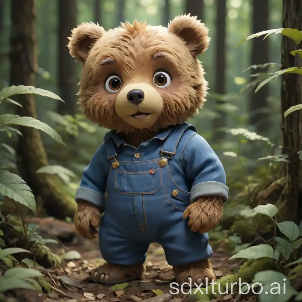 Cute-Little-Bear-Dummy-in-Blue-Overalls-in-a-Dense-Forest