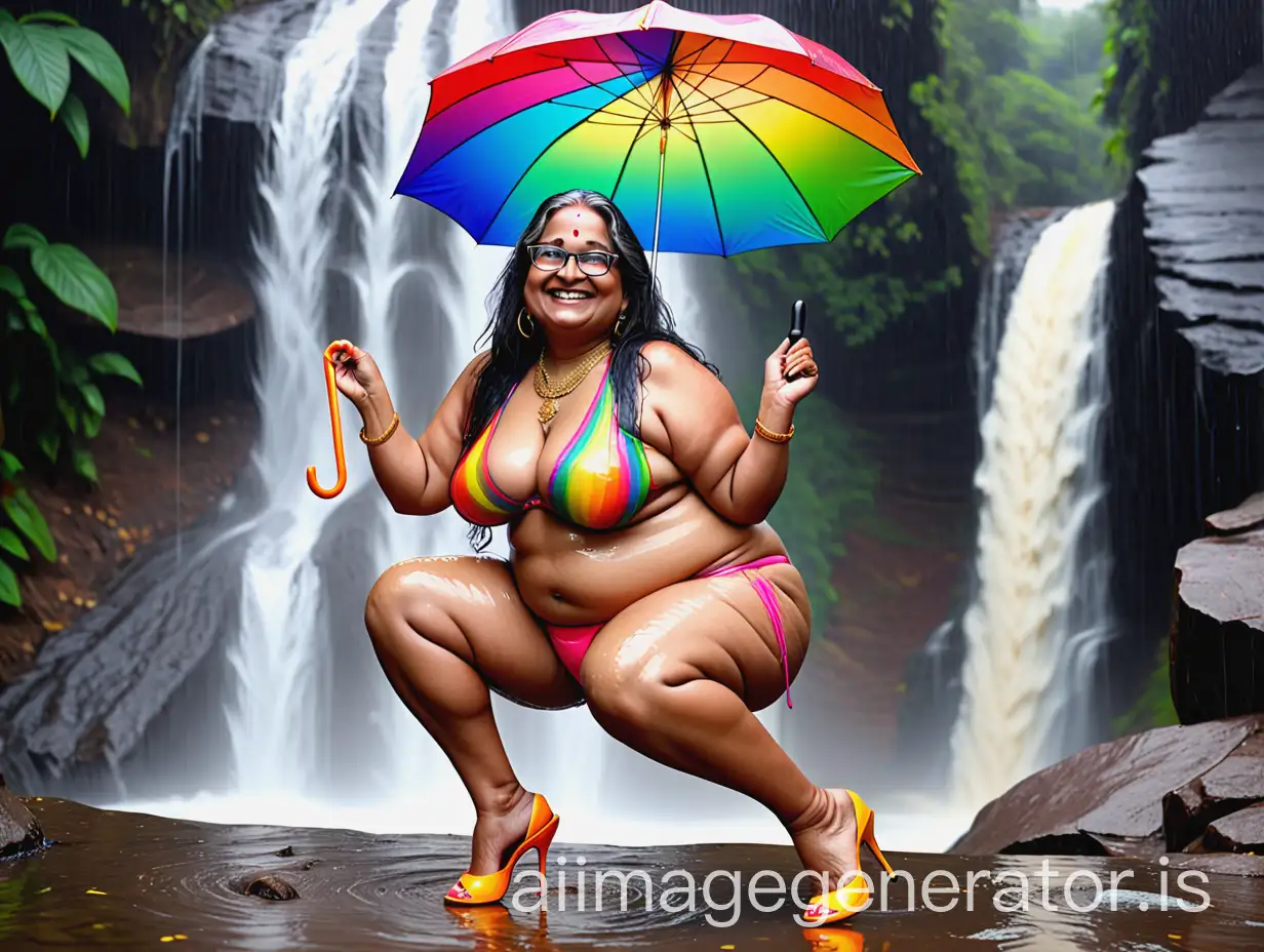 Mature-Indian-Woman-in-Colorful-Attire-Doing-Squats-by-Waterfall