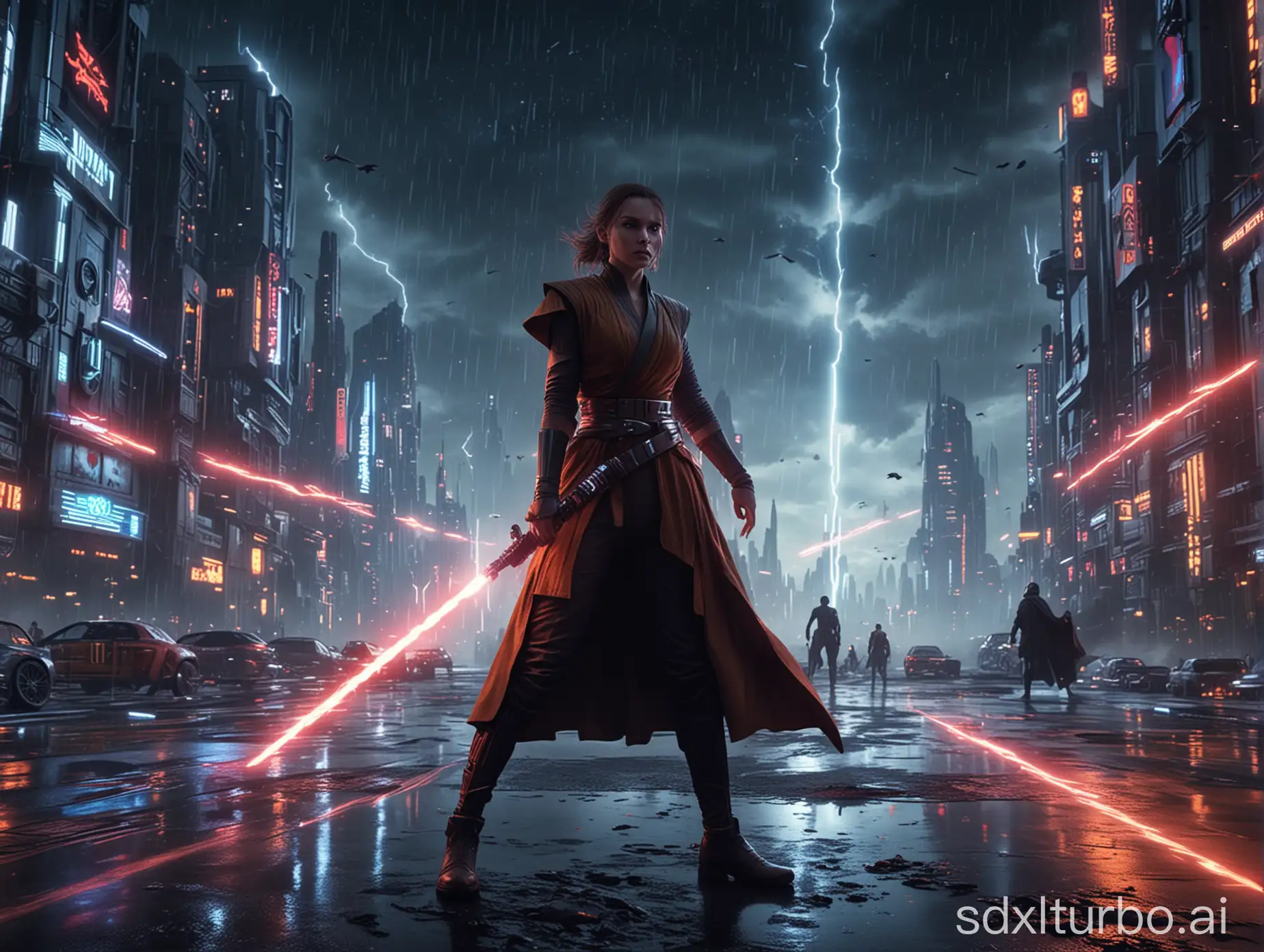 star wars, jedi, in action, a lightsaber, lightning bolts shooting from hands, future city at night, neon ads, motion blur, 8k, ultra realistic, highly detailed, landscape format