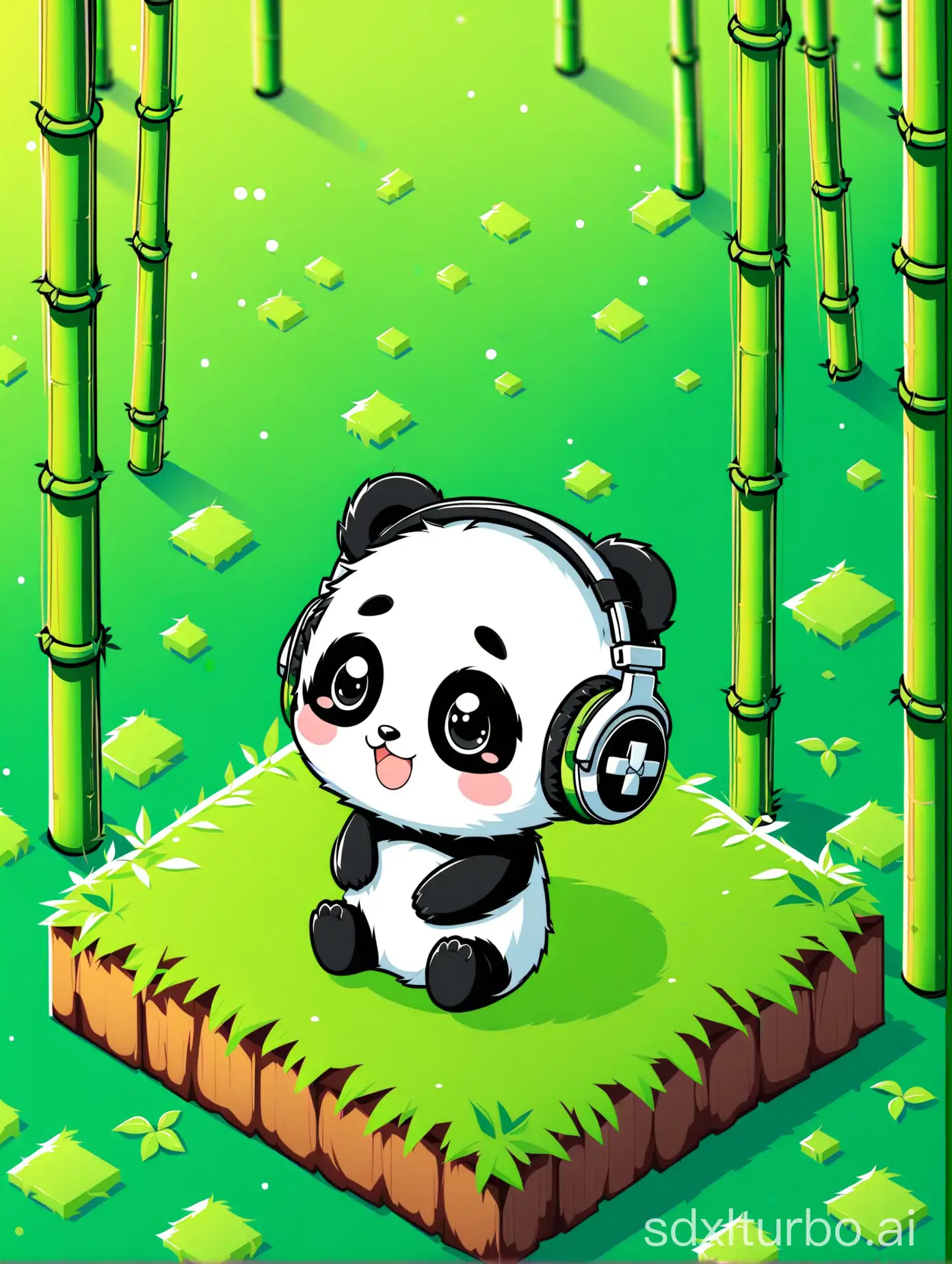 Isometric perspective, elf picture, cute, a panda, the panda wearing headphones, cute expression, bamboo forest background.