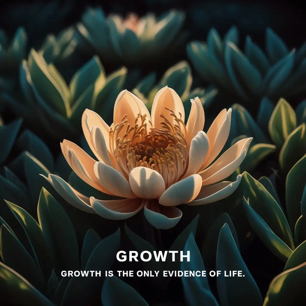 A photorealistic image of a blooming flower with a quote about growth.