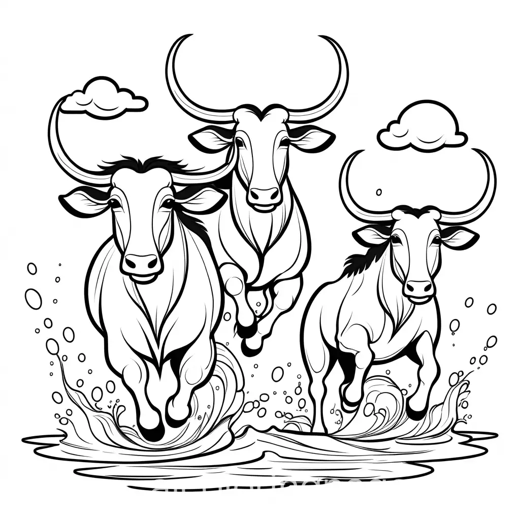 happy cute cartoon wildebeests jumping in the water , Coloring Page, black and white, line art, white background, Simplicity, Ample White Space